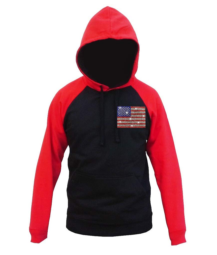 Koyotee Men's USA Flag Rhinestone Baseball Hoodie - Black/Red Raglan Sweater for Patriotic Style & Casual Wear | Perfect for Sports, Outdoors & Everyday Fashion