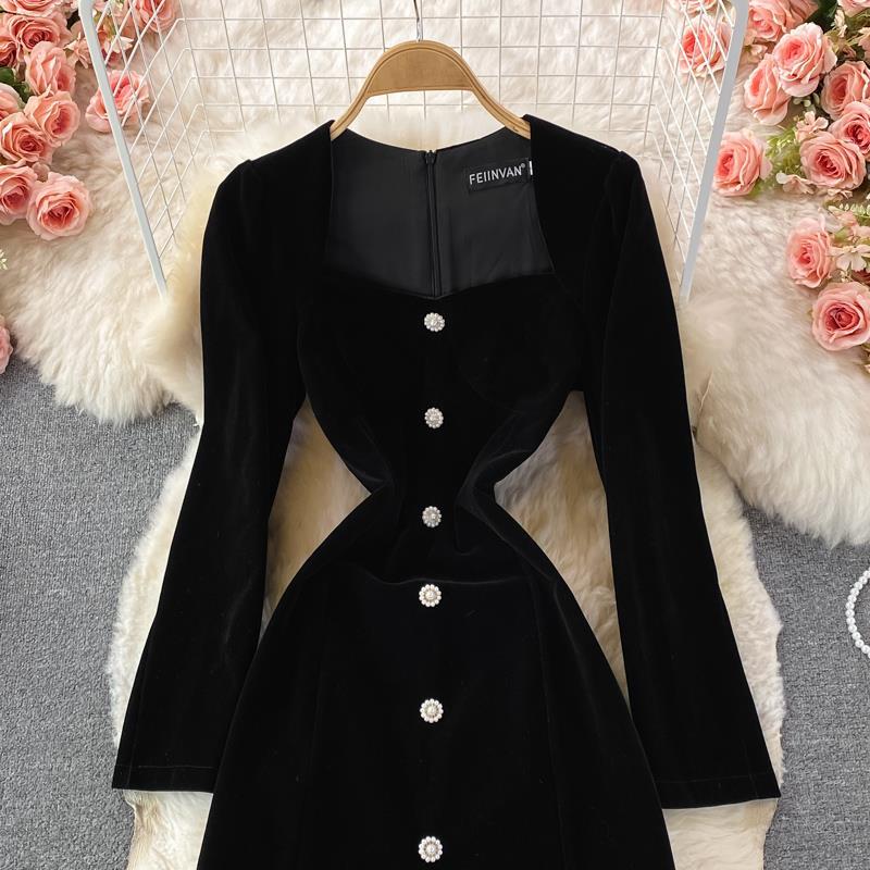French Vintage Velvet Dress - Elegant Long Sleeve Slit Maxi Dress for Women | Perfect for Weddings, Parties & Special Occasions