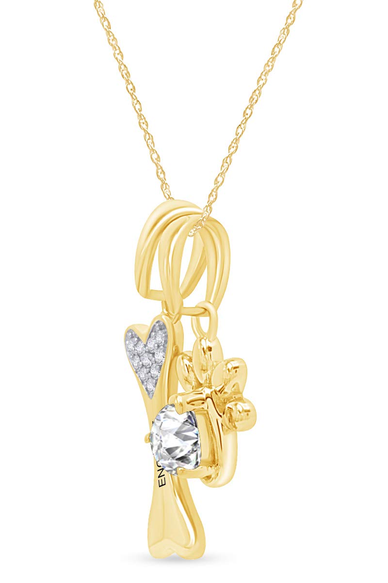 Personalized Engraved Simulated Birthstone & Diamond Accent Paw Print Dog Bone Charm Pendant Necklace - 14k Yellow Gold Over Sterling Silver - Perfect Gift for Pet Lovers & Dog Moms