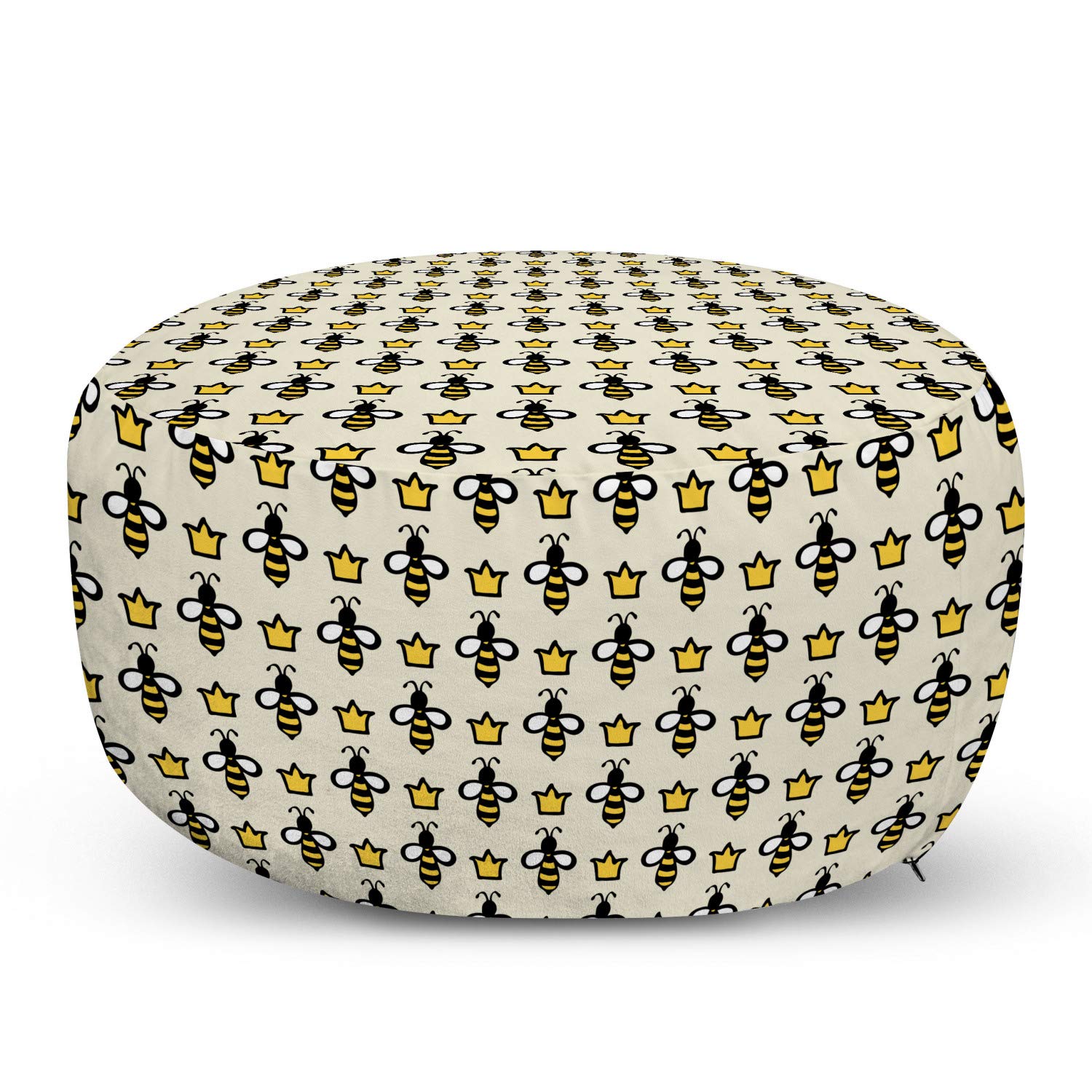 Ambesonne Queen Bee Pouf Cover with Zipper - Hand-Drawn Cartoon Bees & Crowns Design - Soft Decorative Fabric Unstuffed Case 30x17.3 Inches - Eggshell Mustard Yellow - Perfect for Boho Home Decor, Kids Room or Nursery Accent