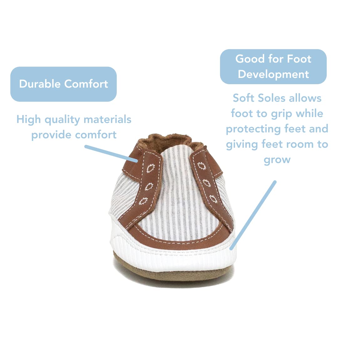Robeez Soft Sole Baby Shoes for Boys & Girls - Non-Slip Crib Slippers for Infants 0-6 Months (Stylish Steve Grey Seersucker) - Perfect for First Steps, Indoor Play & Special Occasions