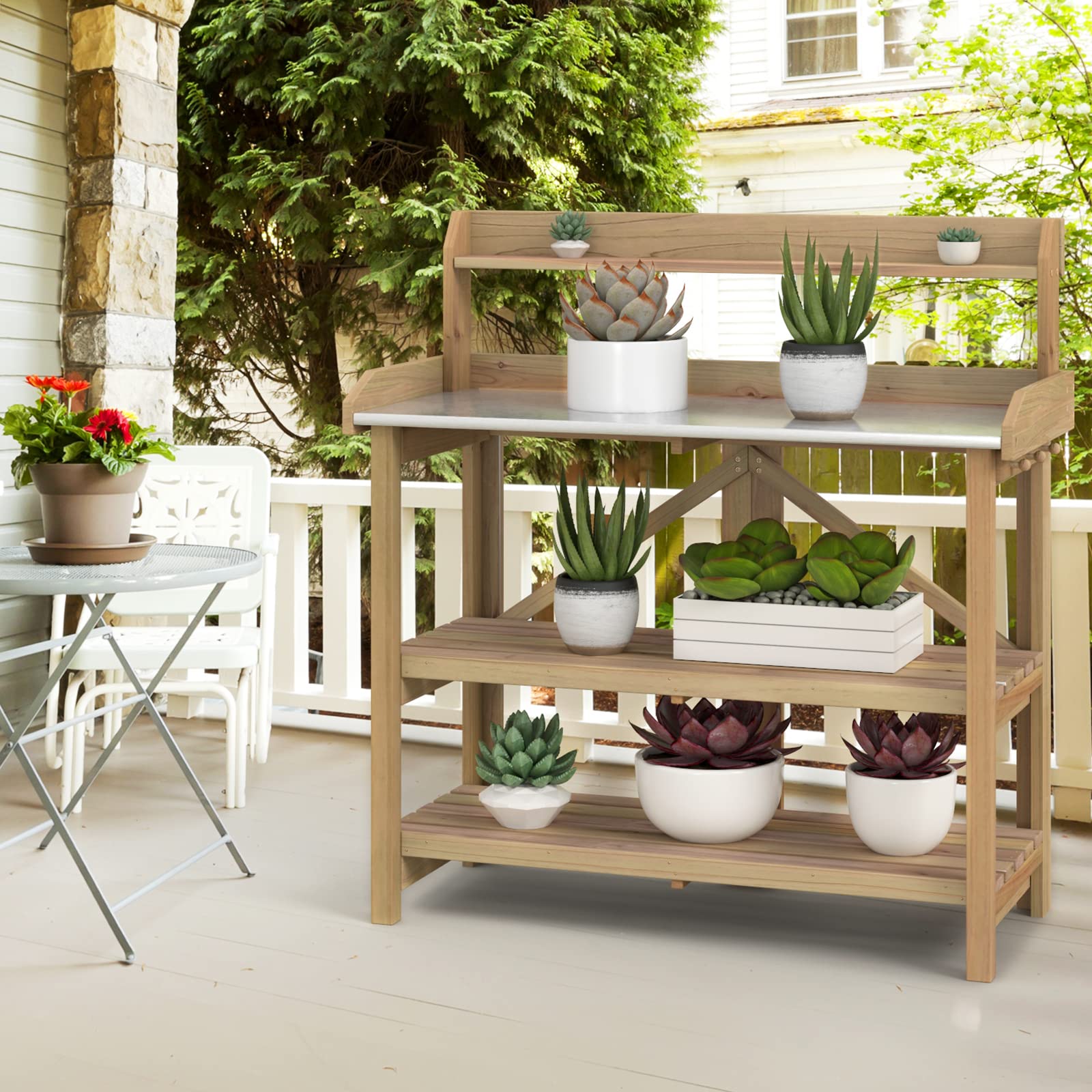 SAFSTAR Heavy Duty Fir Wood Potting Bench with Metal Tabletop & 2 Storage Shelves - Outdoor Gardening Workstation for Backyard, Balcony & Patio - Perfect for Planting, Repotting & Organizing Garden Tools