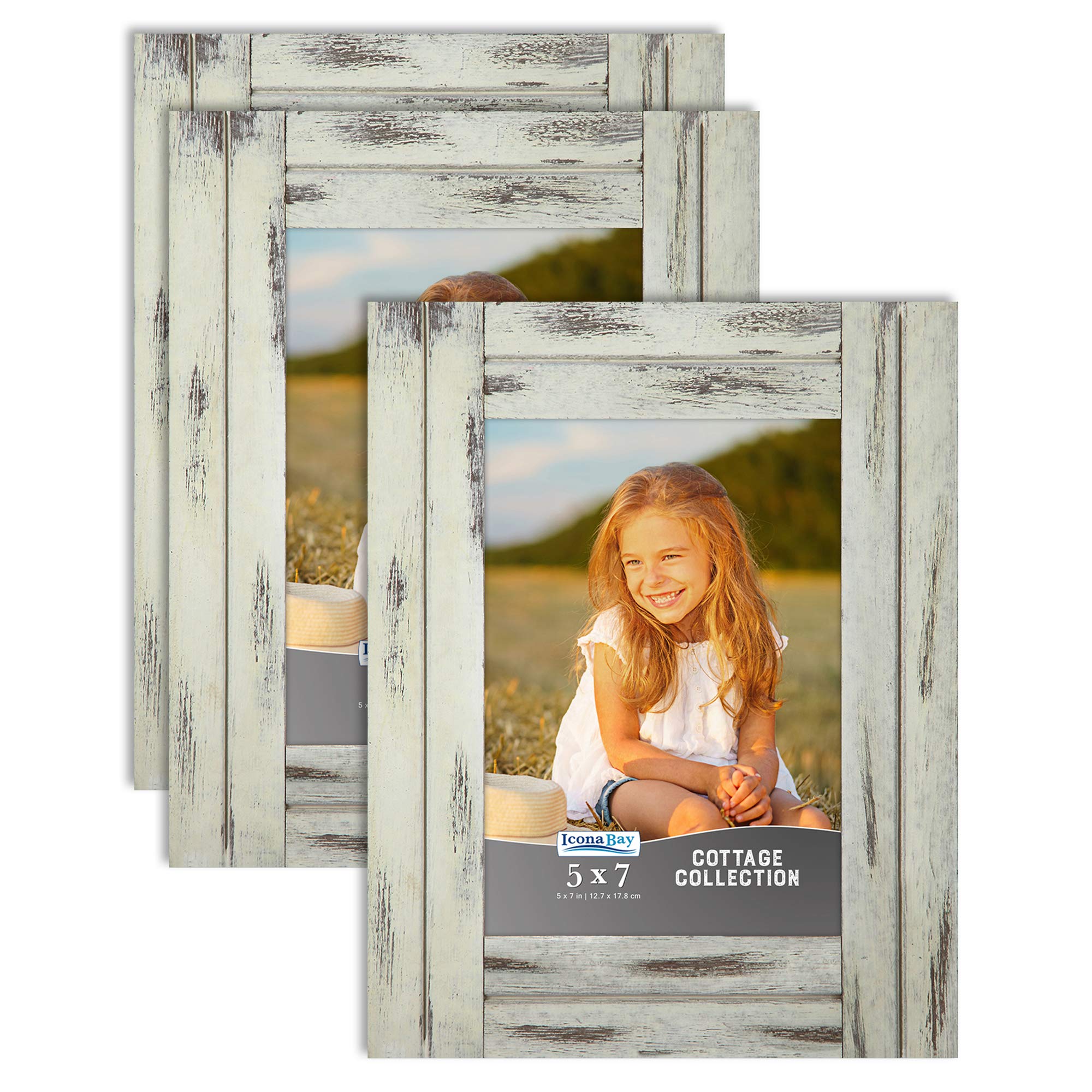 Icona Bay 5x7 (13x18 cm) Rustic Picture Frames Set - 3 Pack Natural Real Wood Photo Frames in Creamery White, Cottage Style Collection for Wall Decor, Tabletop Display, Home & Office Decor