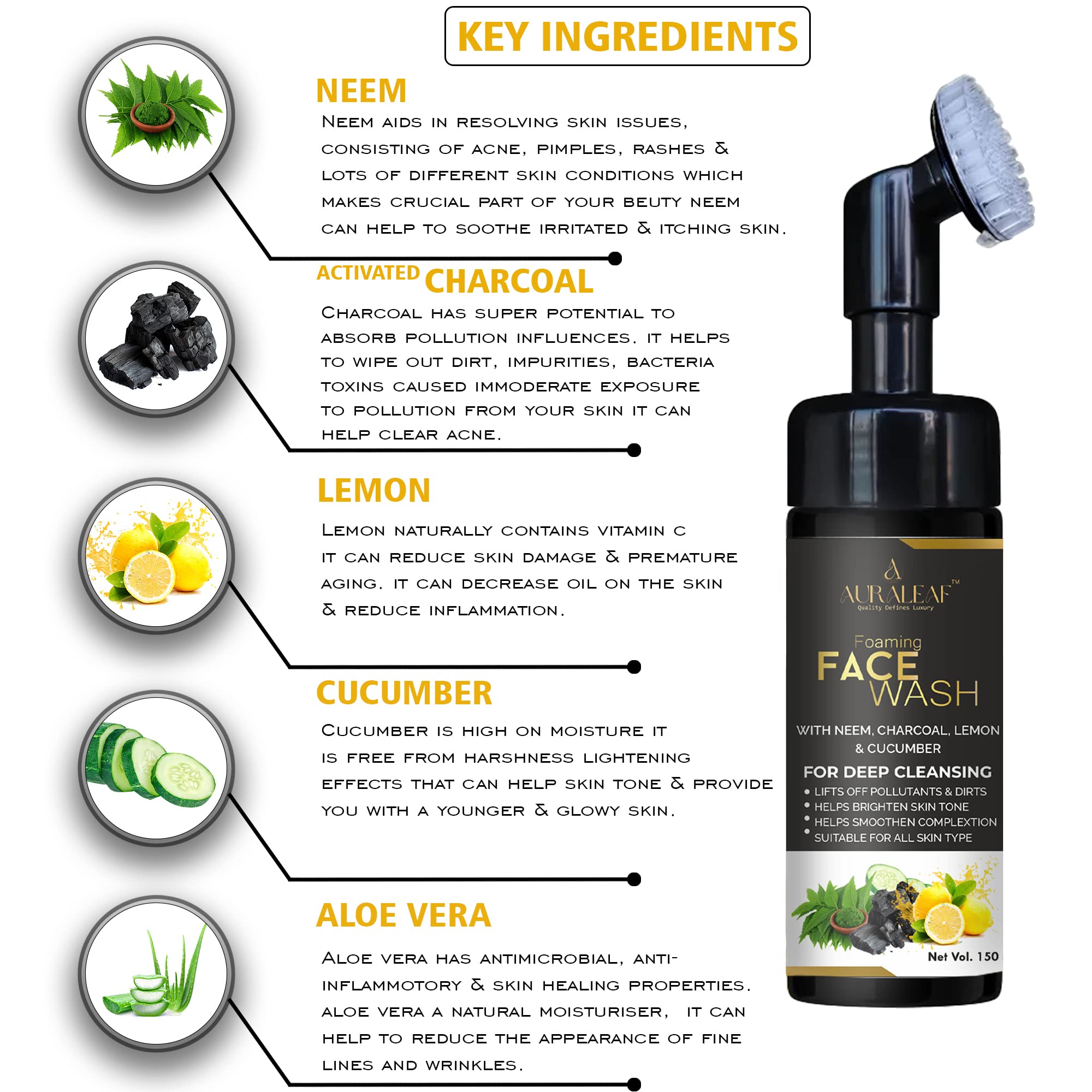 Auraleaf Foaming Face Wash with Neem, Lemon, Cucumber & Charcoal - Gentle Skin Cleanser for Bright, Clear Skin | All Skin Types | 150ml | Daily Deep Cleansing & Oil Control for Acne-Prone Skin