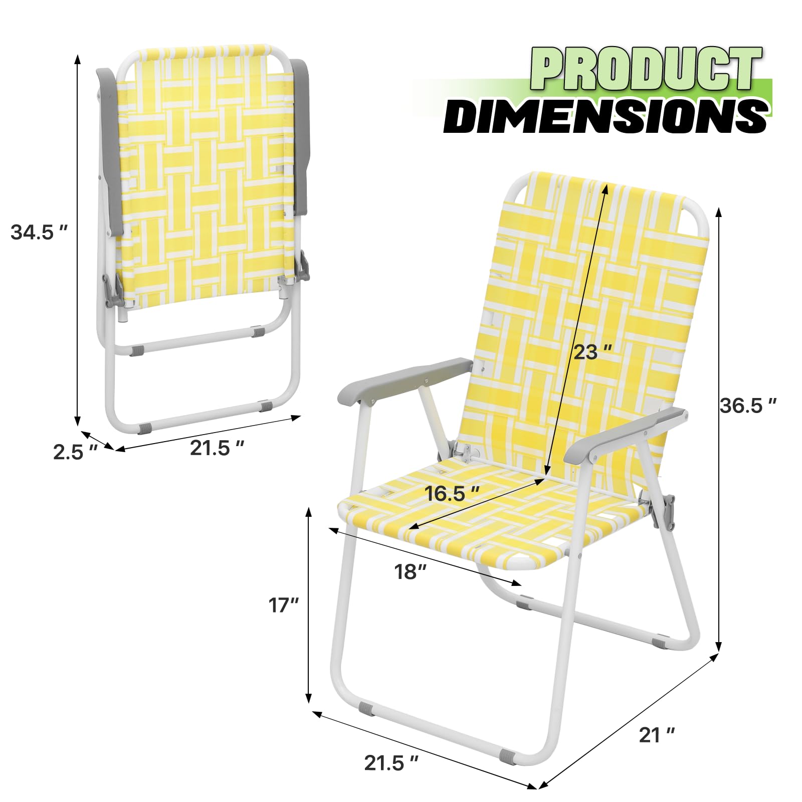 **Magshion Folding Webbed Lawn Beach Chair for Adults – Lightweight Steel Frame, Portable Outdoor Camping Chairs – Supports 250 lbs – Perfect for Fishing, Patio, Yard, Garden & Picnics (2-Pack, Yellow)**