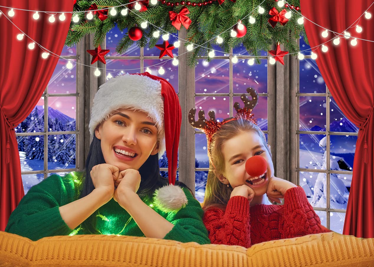 LYCGS 7X5FT Christmas Photography Backdrop - Winter Wonderland Snow Tree with Red Curtains for Xmas Photo Studio Props, Holiday Party Decor, Family Portrait Background (Model X-67)