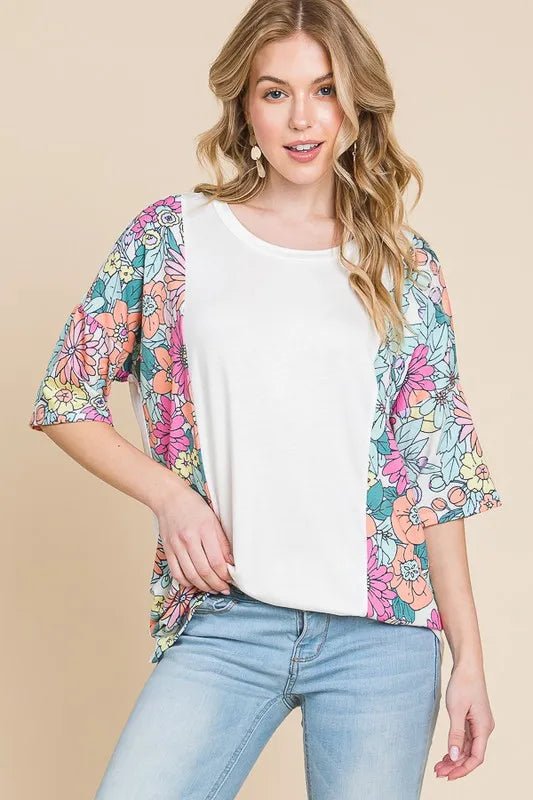 BOMBOM Women's Floral Print Round Neck Half Sleeve T-Shirt - Casual Summer Top for Outfits, Dating & Vacation