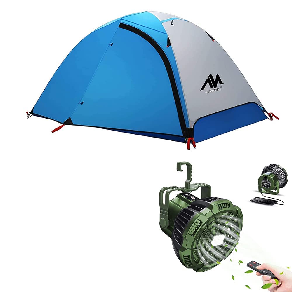 AYAMAYA 2 Person Lightweight Backpacking Tent with Rechargeable LED Camping Fan - Waterproof Hiking & Outdoor Adventure Gear for Couples Camping Trips