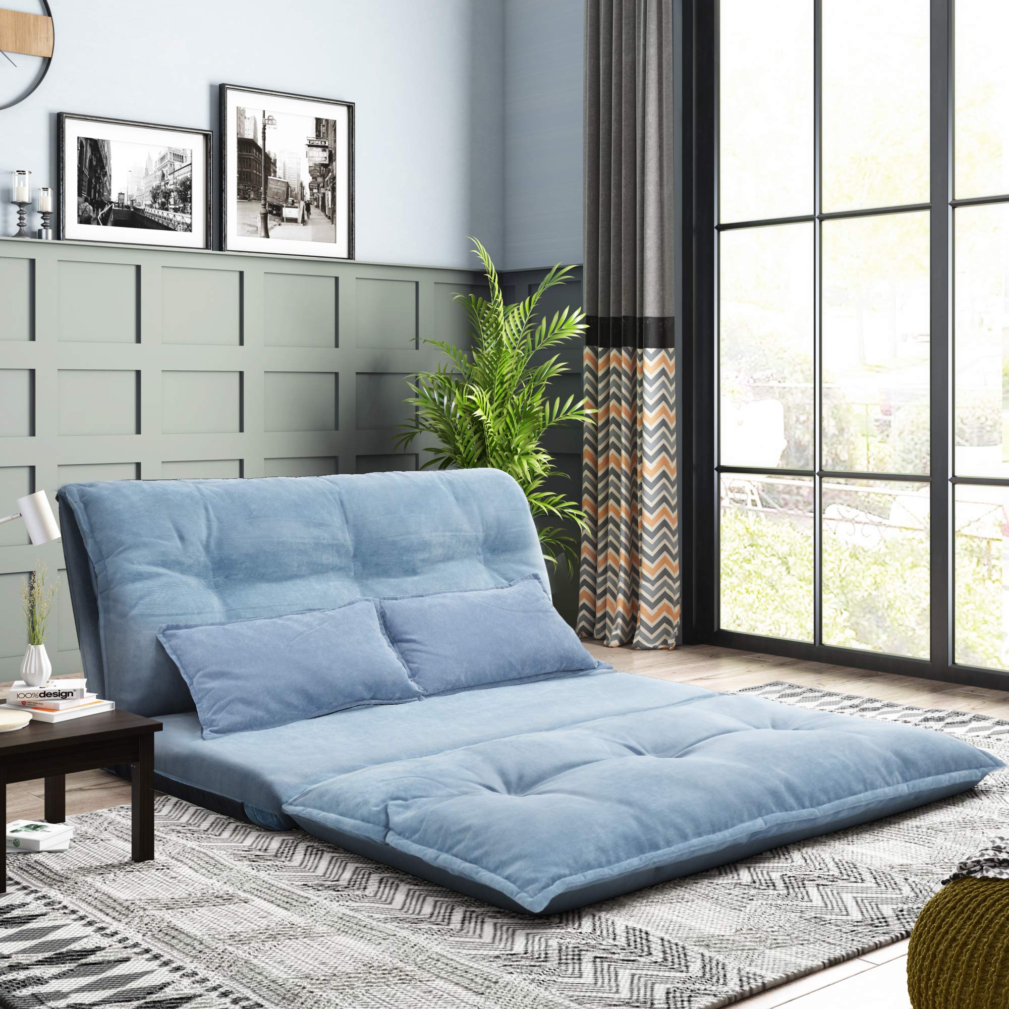 Adjustable Folding Futon Sofa Bed - Convertible Lounge Chair with 2 Pillows, Blue | Space-Saving Multi-Functional Furniture for Small Apartments, Guest Rooms & Dorm Rooms