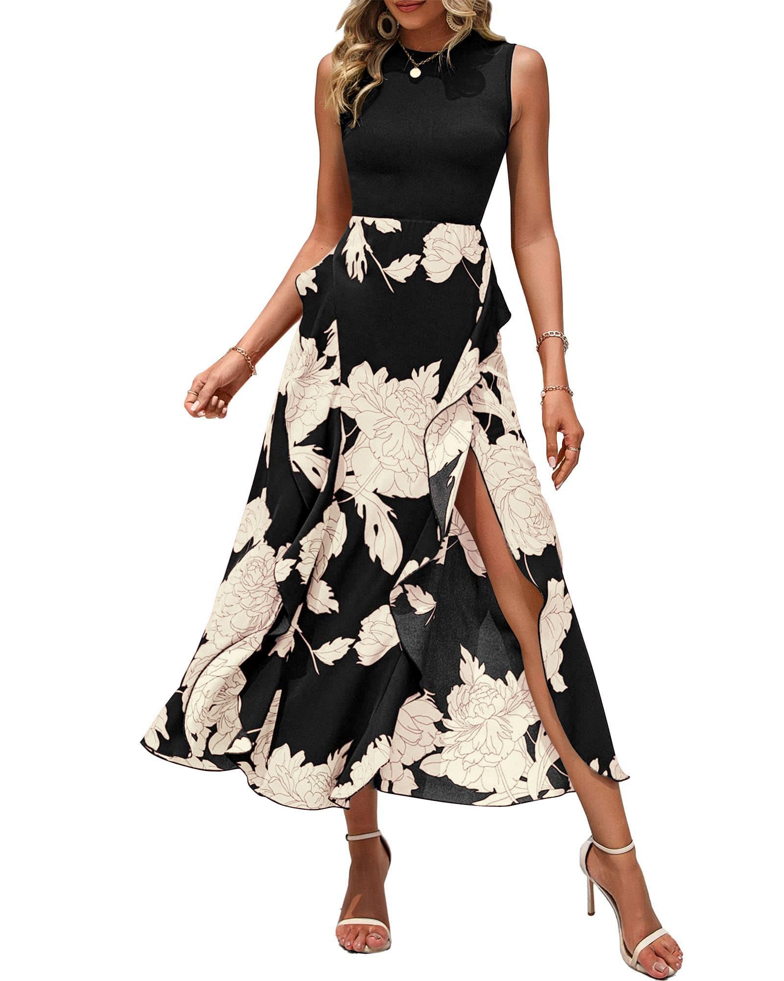 BTFBM Women's Sleeveless Boho Floral Patchwork Midi Dress - Summer & Spring Casual Cocktail Party Dress with Ruffles & Crewneck | Perfect for Beach Vacations, Date Nights & Outdoor Events