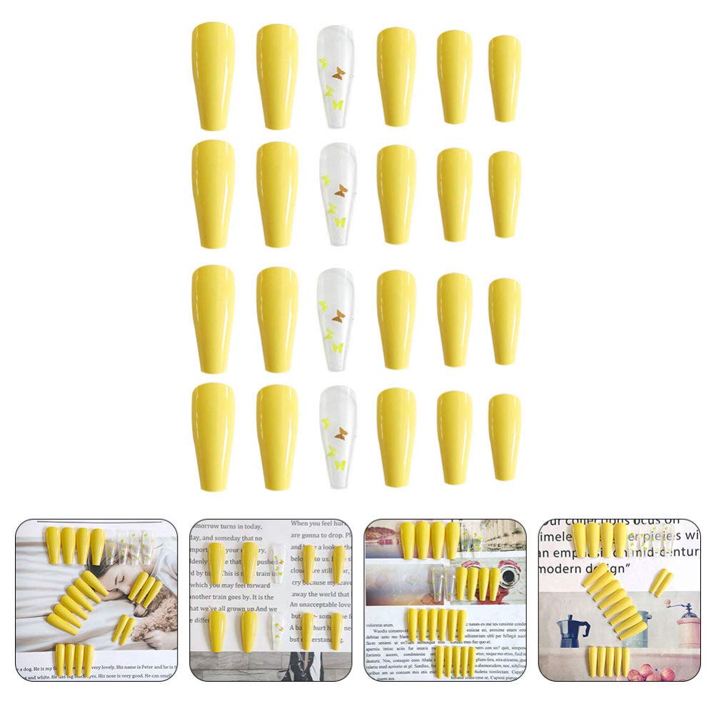 FRCOLOR 24pcs Long False Nails - Butterfly Full Cover Solid Color Nail Tips for Women | Nail Art Accessories for Manicure, Party, Wedding & Daily Wear