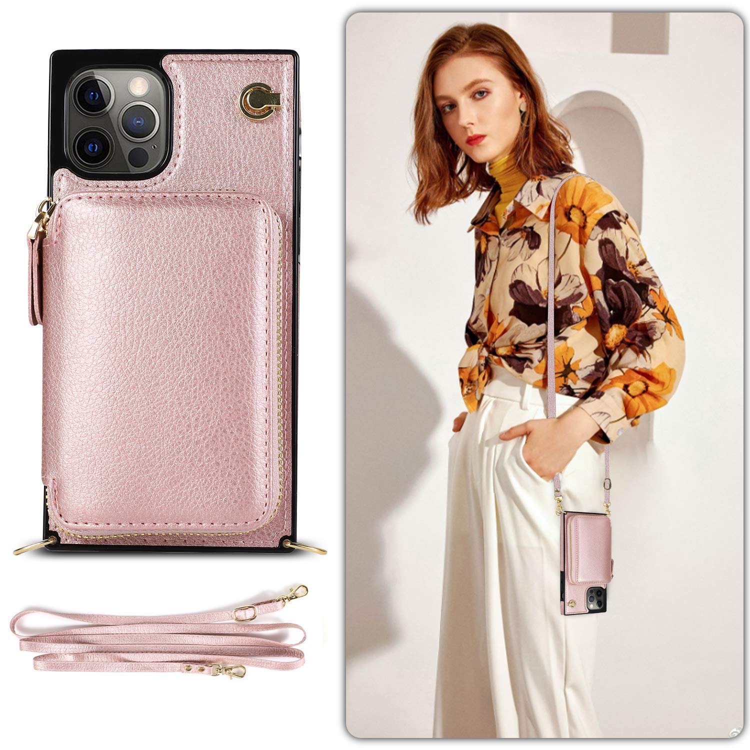 DEFBSC Crossbody Wallet Phone Case for iPhone 12 Pro Max (6.7 Inch) - Rose Gold Zipper Card Holder with Shoulder Strap & Wristlet | Perfect for Travel, Shopping & Everyday Use