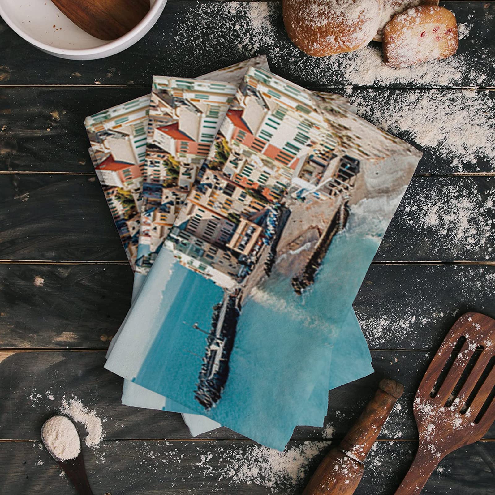 Aomike 3-Pack Absorbent Kitchen Towels Set - Soft Italy Cinque Terre Scenery Dish Cloths, Hand & Tea Towels (18