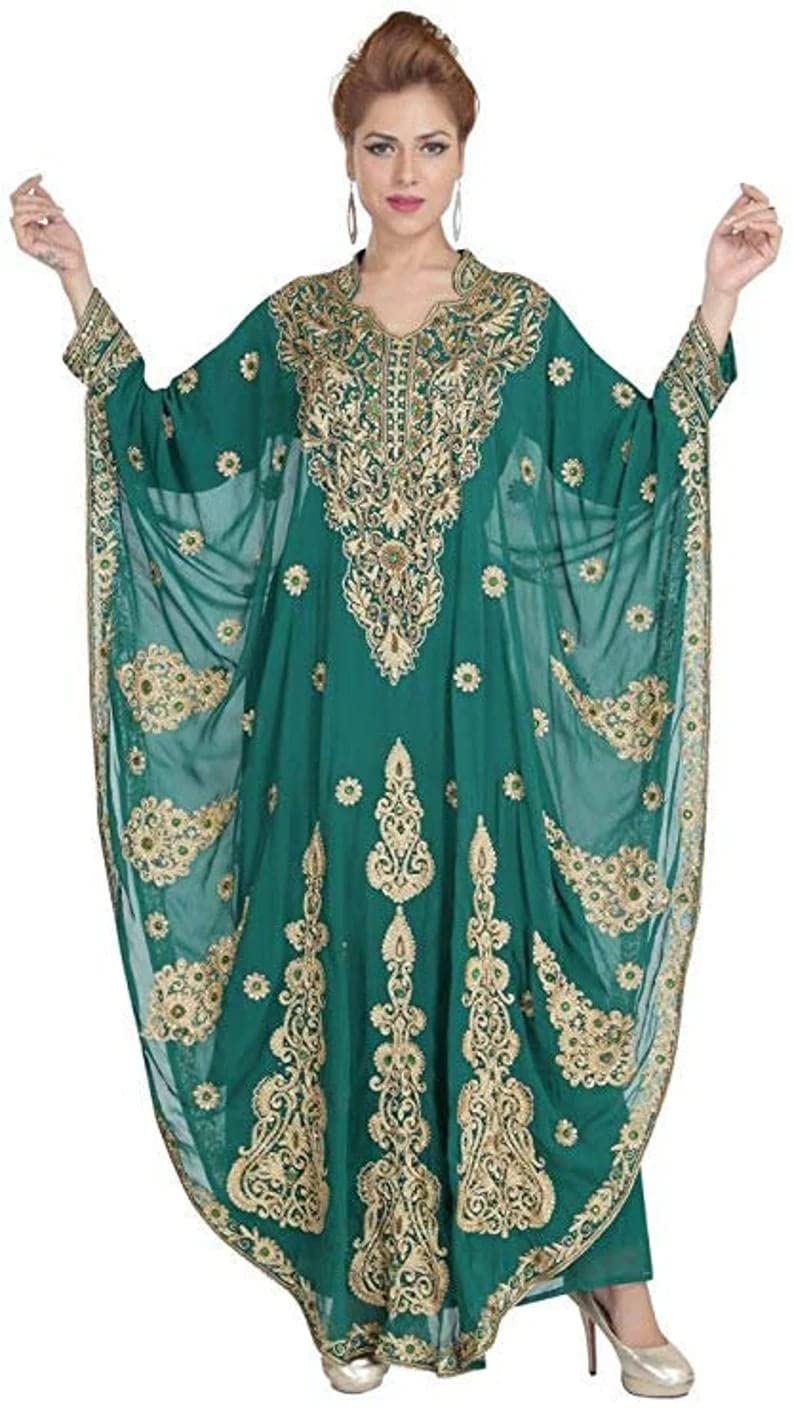 Dark Green Moroccan Kaftan Dress for Women - Maxi Loose Abaya Style Lightweight Cover Up Robe by SANA Creation | Perfect for Beach, Vacation & Summer Outfits