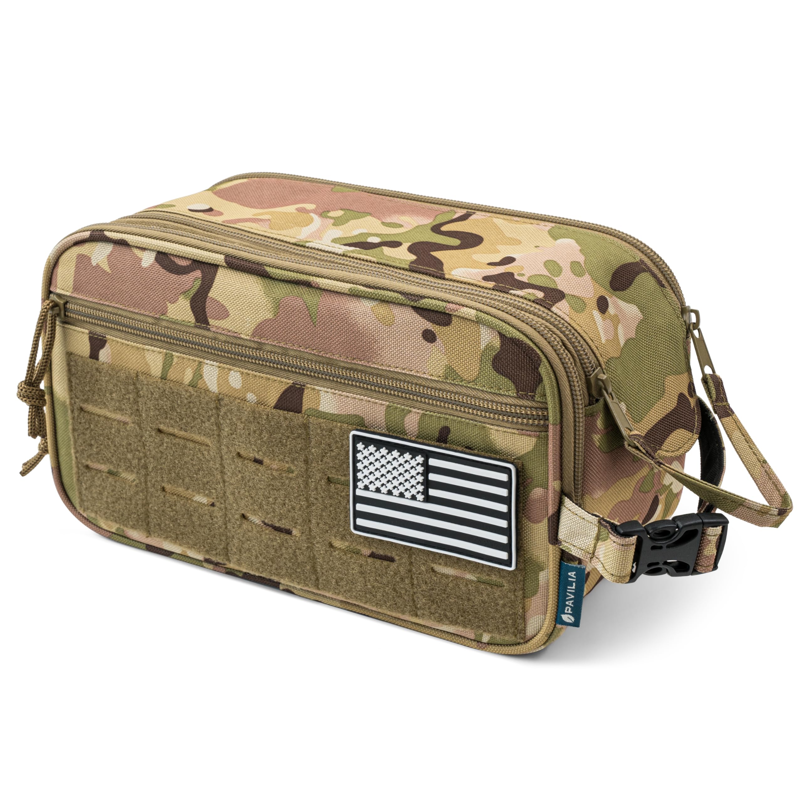 Pavilia Tactical Toiletry Bag for Men - Waterproof Military Dopp Kit with Molle Pouch | Travel Shaving Grooming Essentials Organizer | Compact Bathroom Shower Toiletries Case (Camo) - Perfect for Camping, Gym & Business Trips