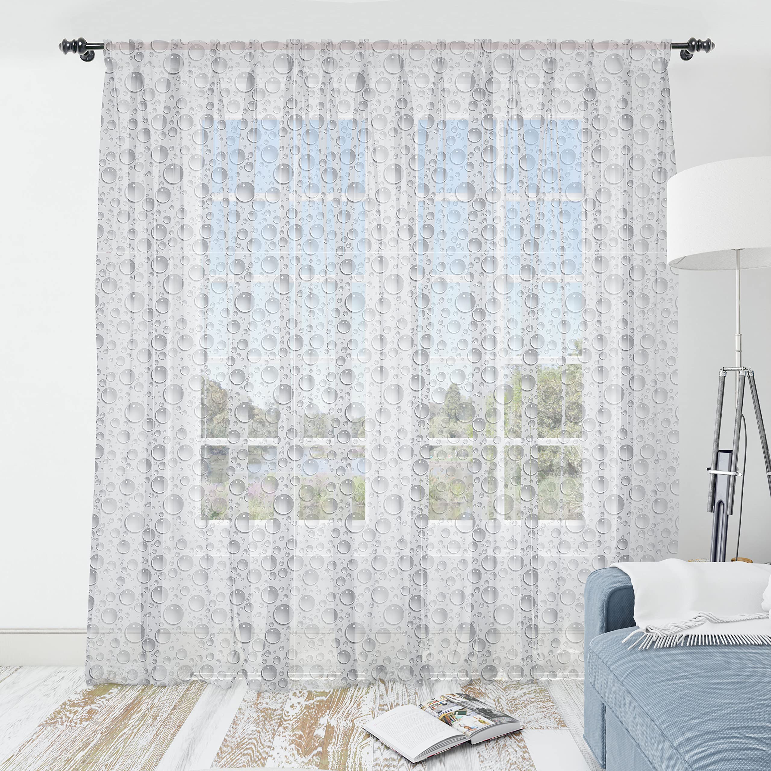 Ambesonne Grey Tulle Curtains with Rod Pocket - Small & Large Bubbles Water Liquid Design, Sheer Drapes for Living Room, Bedroom, Wedding Party (2 Panels, 108