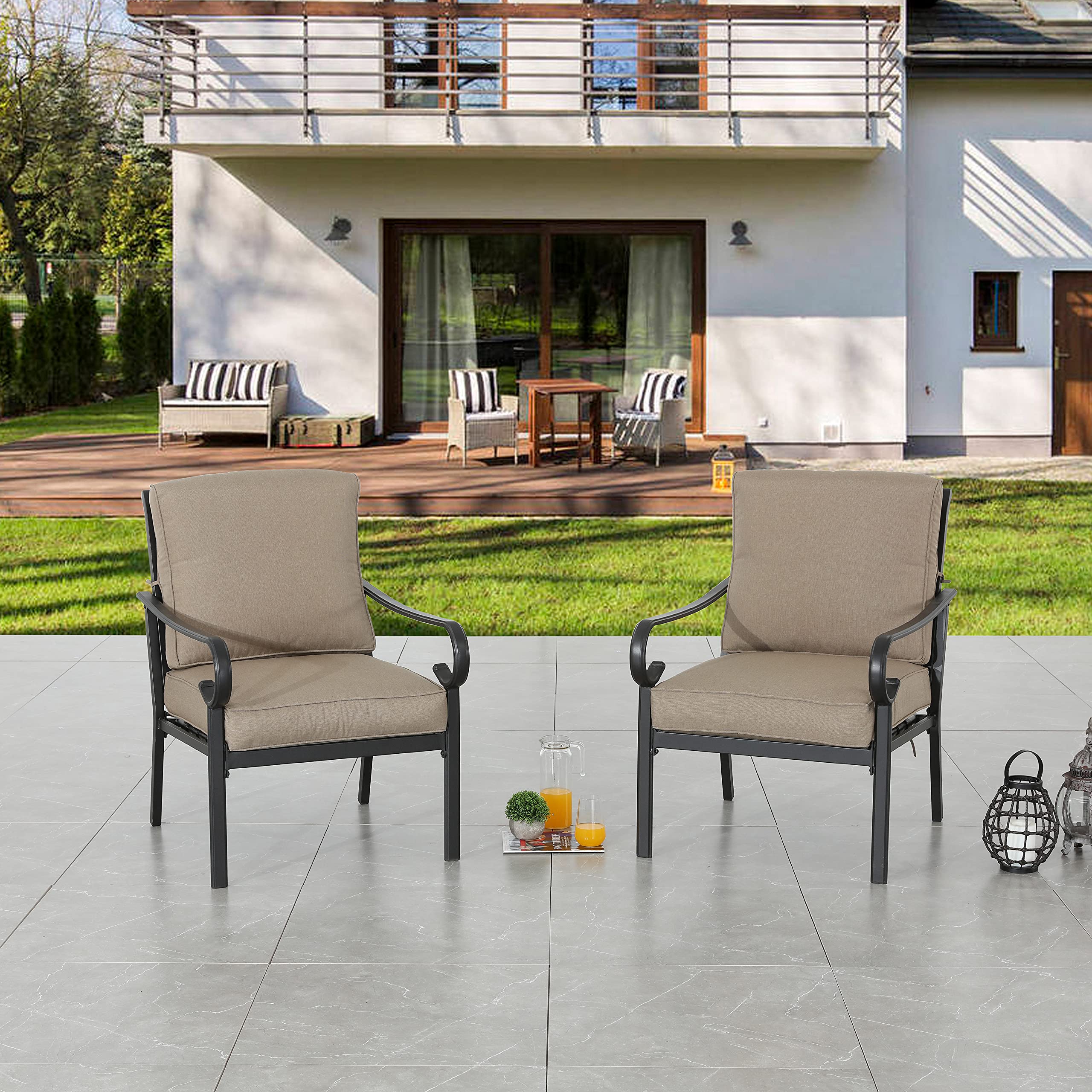 LOKATSE HOME 2-Piece Outdoor Bistro Chairs Set with Comfy Cushions & Steel Frame - All-Weather Patio Dining Furniture for Garden, Balcony, and Backyard (Khaki)