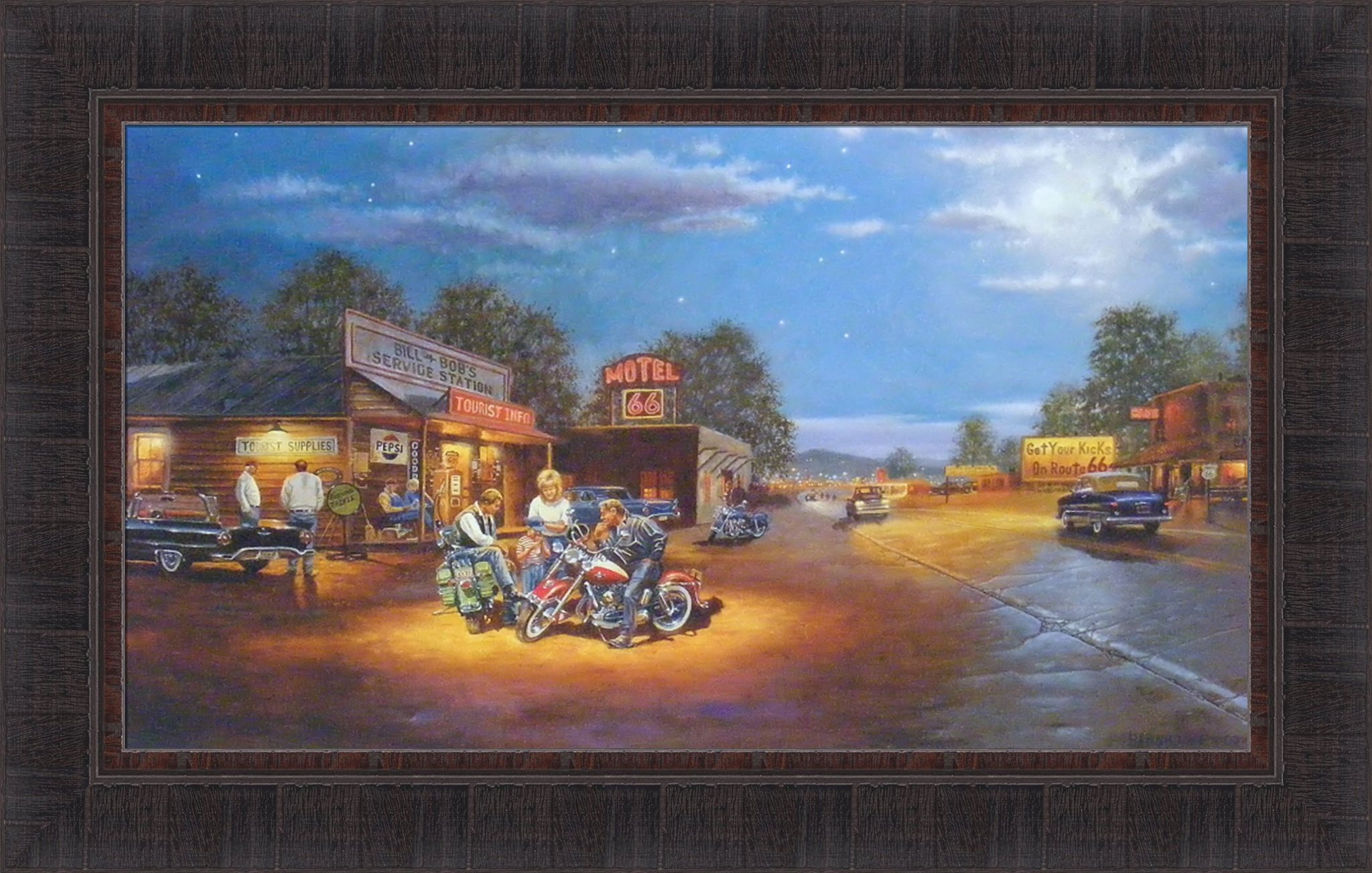 Route 66 Harley Davidson Motorcycles Framed Art Print - 18x27 Inches Vintage Americana Wall Decor for Man Cave, Garage & Office
