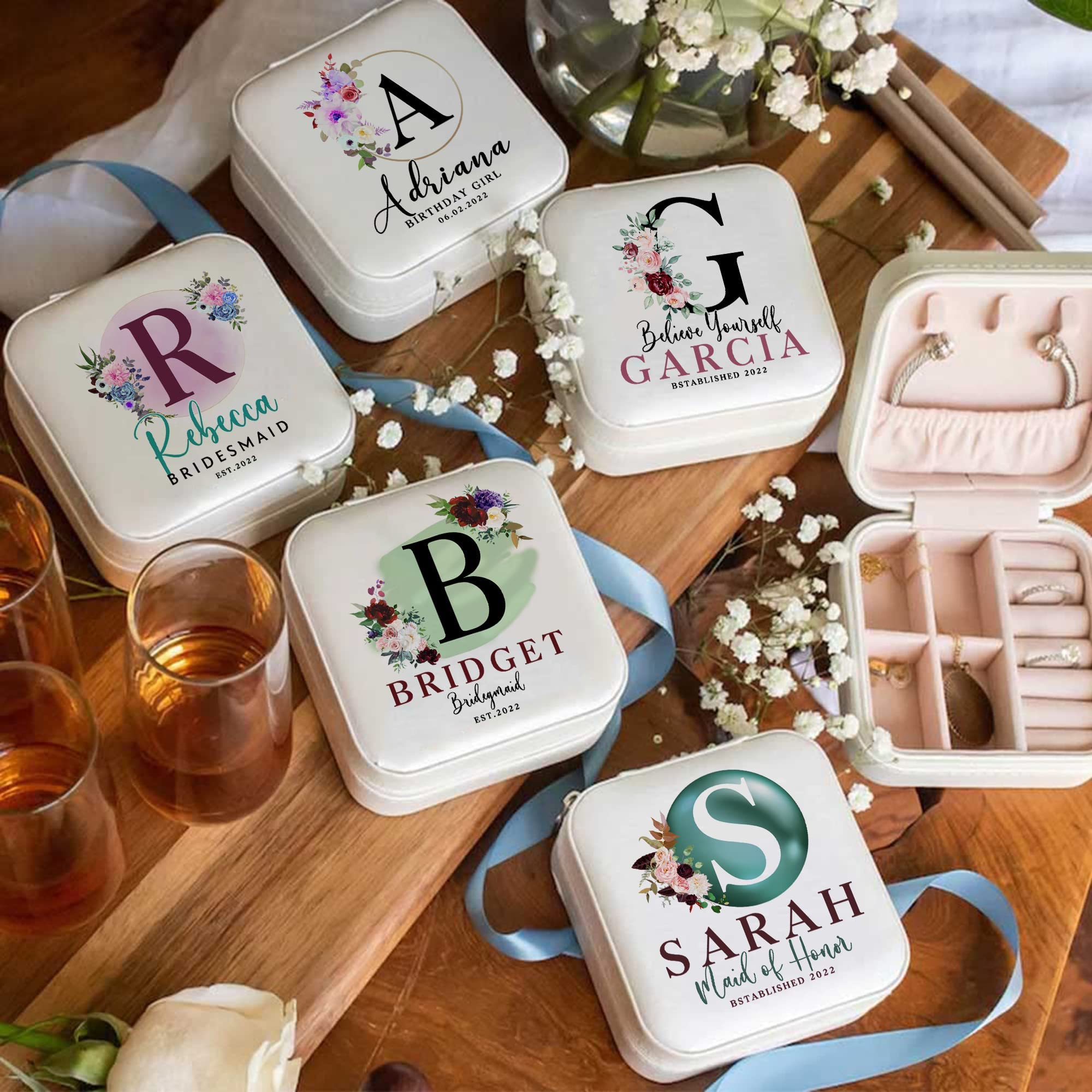 Personalized Custom Small Travel Jewelry Box with Name - Portable Jewelry Organizer Case for Women - Perfect Wedding Gift for Bride, Bridesmaid, Girlfriend - Great for Bachelorette Party, Birthday Gift for Sister & Mom - Ideal for Travel, Vacation & Special Occasions