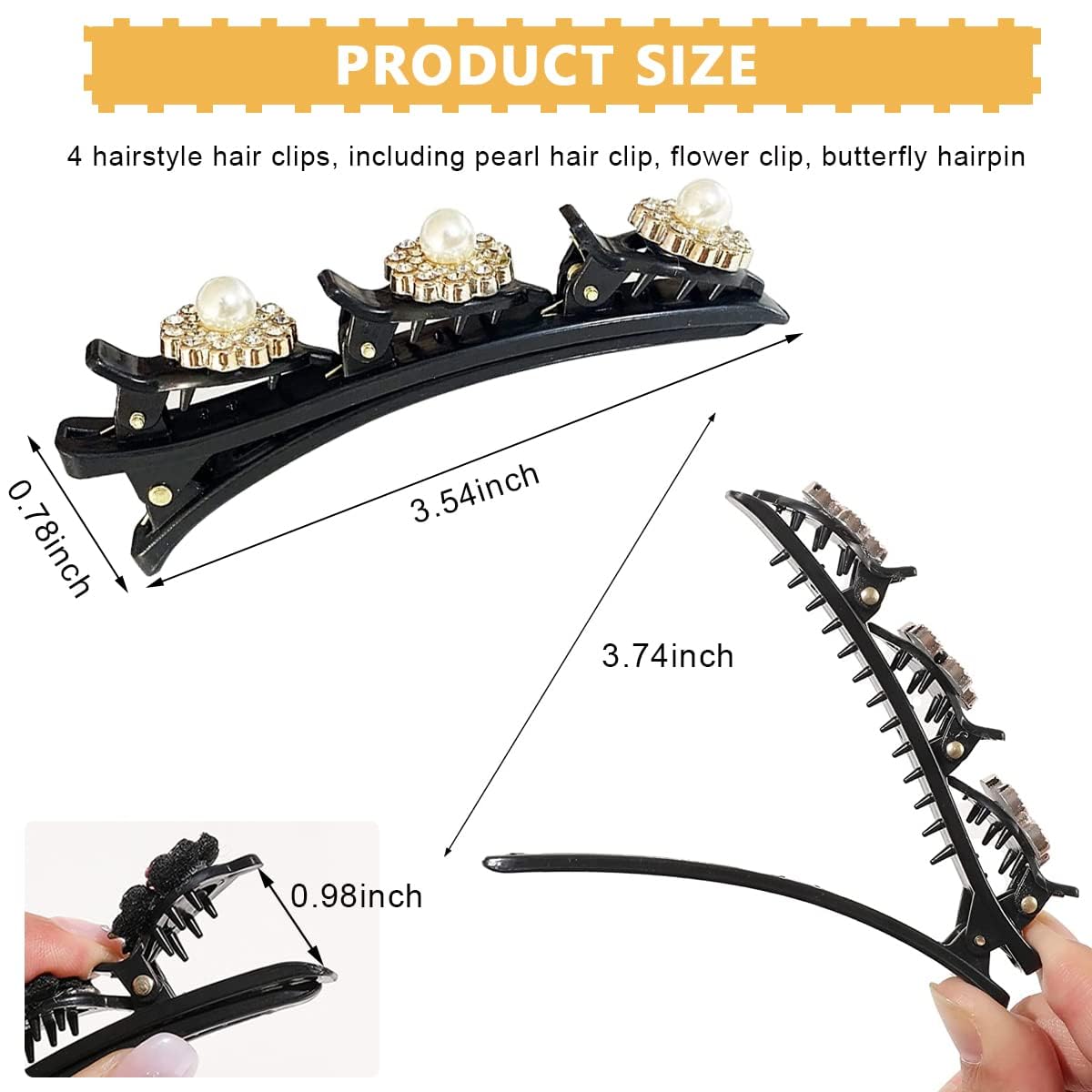 BIRZAR 12 Pack Pearl Hair Clips for Women & Girls - Braided Butterfly Duckbill Hairpins with 3 Small Clips - Fashion Hair Accessories for Styling, Parties, Weddings & Everyday Use