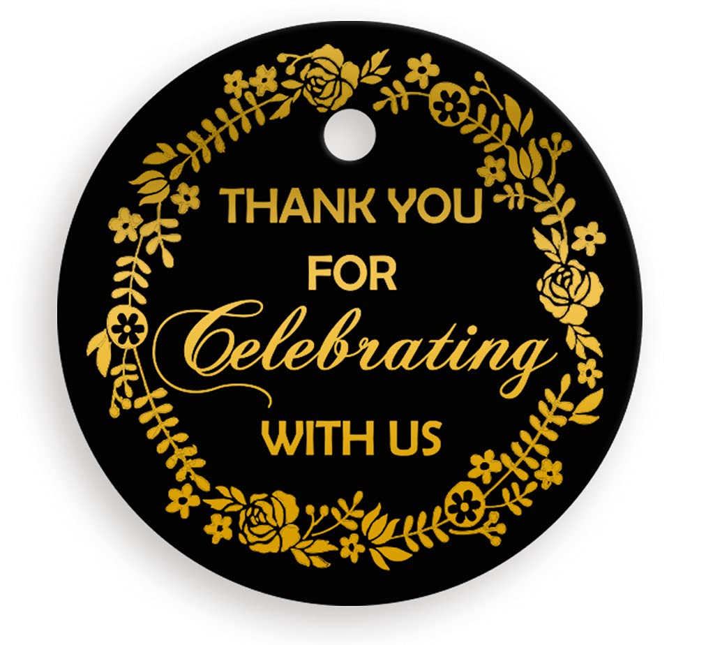25 Pack Black Thank You Gift Tags with Gold Foil Stamping - Round Circle Party Favor Tags for Weddings, Baby Showers & Celebrations - Elegant Thank You for Celebrating with Us Tags