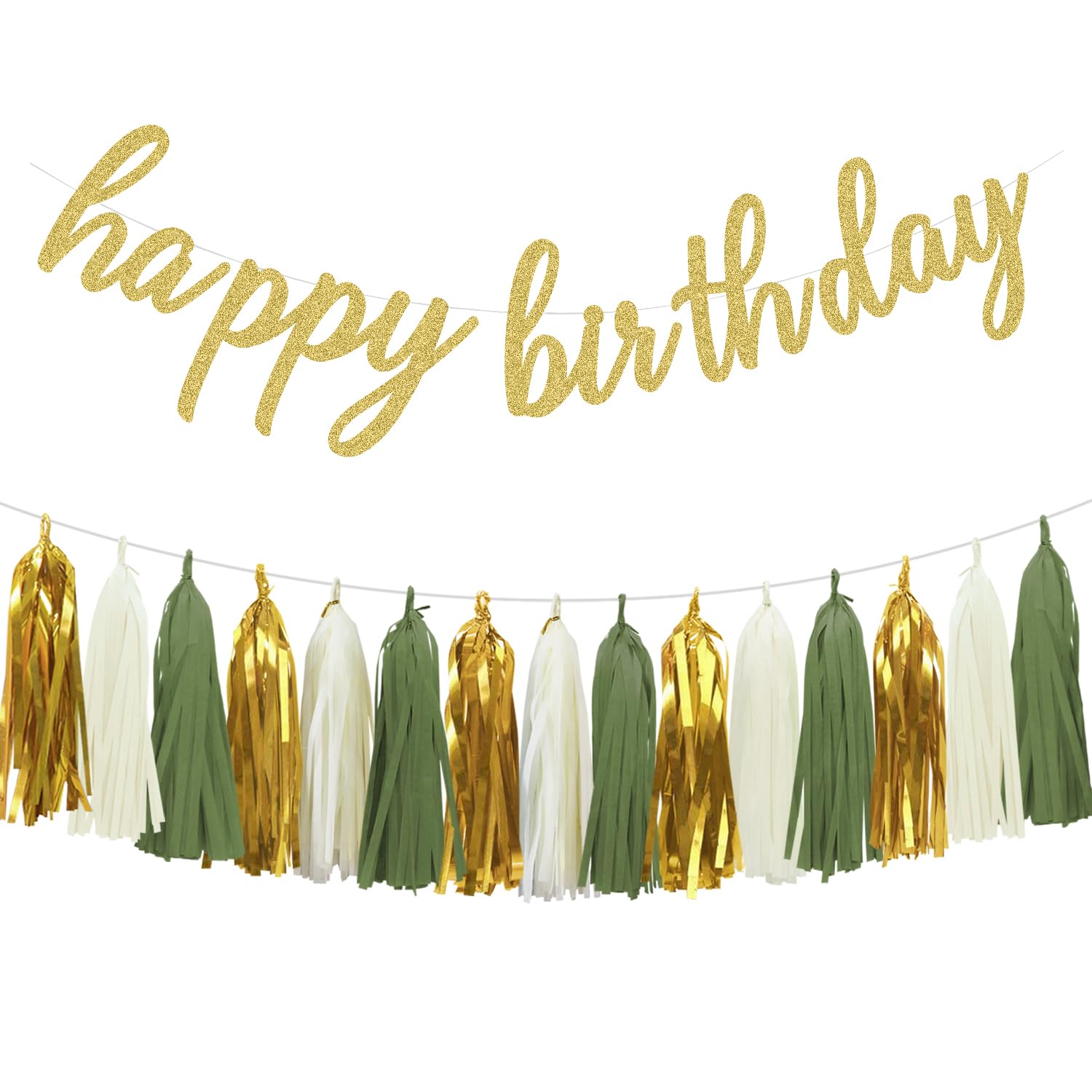 Gold Happy Birthday Banner & Paper Tassel Garland - Elegant Sage Green Birthday Party Decorations for Women, Men, Kids | Perfect for Indoor & Outdoor Celebrations, Baby Showers, Anniversaries