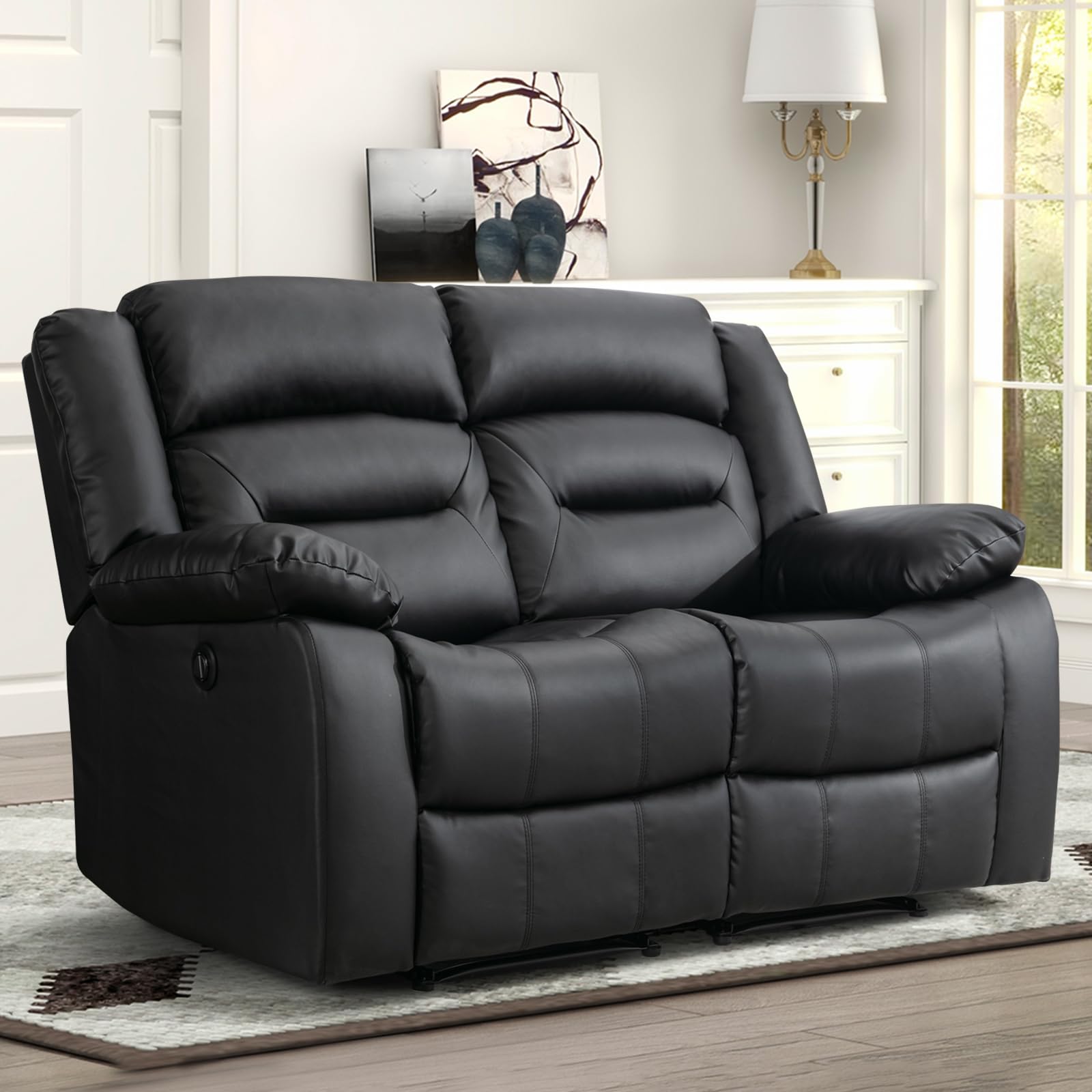 Faux Leather Power Loveseat Recliner - Electric Reclining Sofa Chair with Overstuffed Comfort, Adjustable Armrests for Living Room, Bedroom & Office - Perfect for Movie Nights, Relaxation & Small Space Decor (Black Loveseat)