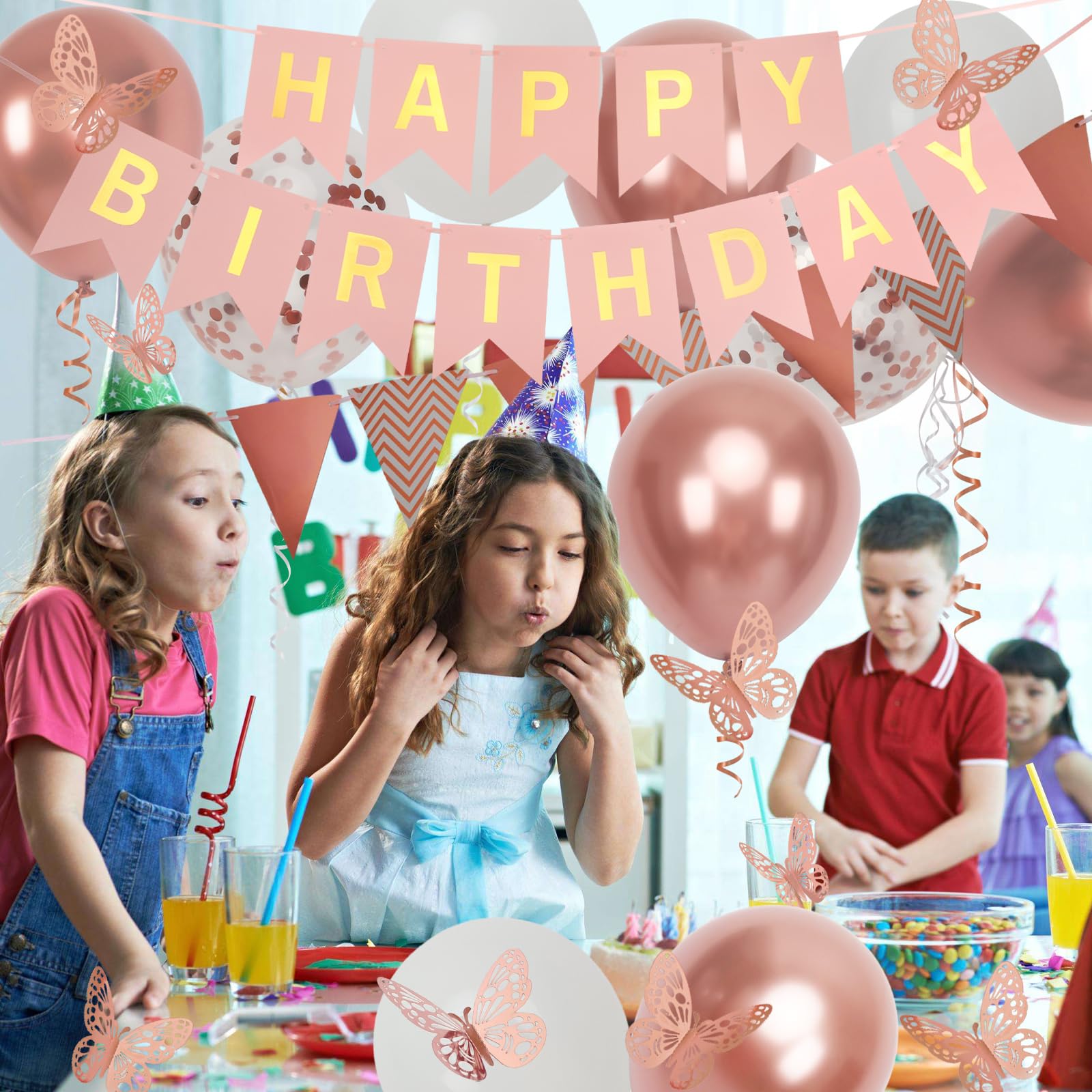 Rose Gold Birthday Decorations for Women - Happy Birthday Banner with Balloons, Pennant Flags & Butterfly Decor - Perfect for Girls' Parties, Baby Showers & Bridal Showers