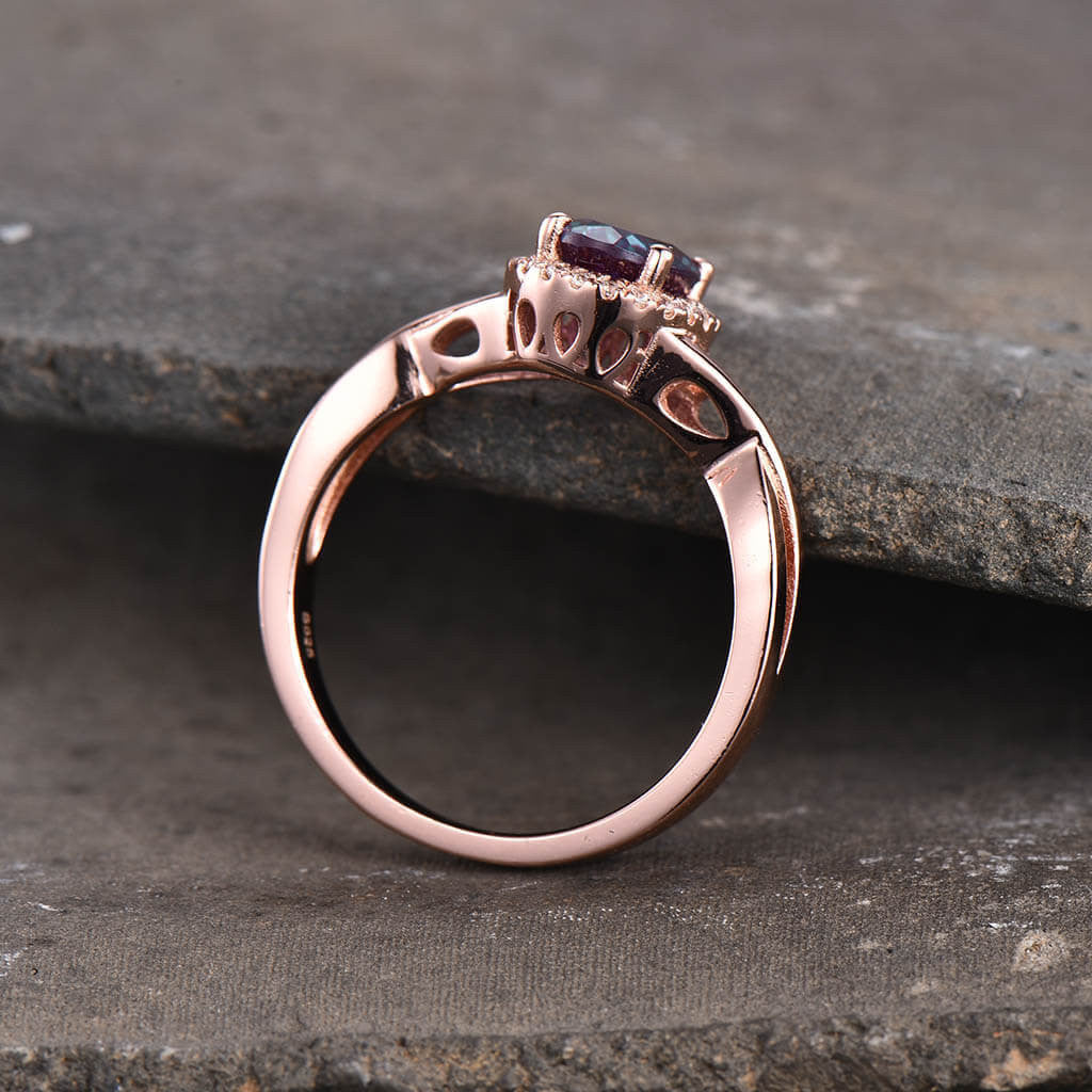 14K/18K Oval Lab Alexandrite Engagement Ring with Infinity Diamond Halo & Criss Cross Design - Perfect for Proposals, Anniversaries & Special Occasions
