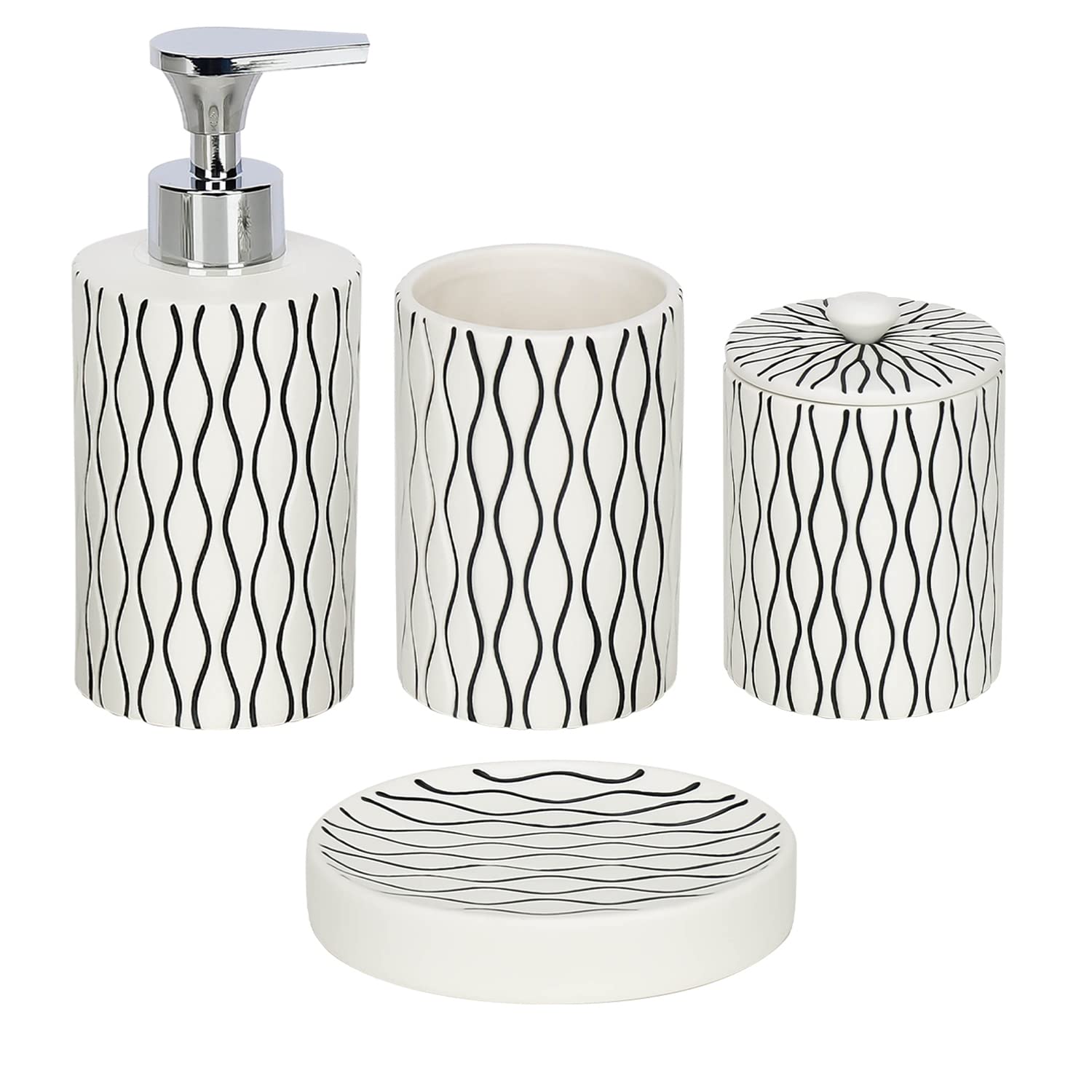 RZCNC White Ceramic Bathroom Accessories Set - 4 Piece Hand-Carved Boho Decor with Toothbrush Holder & Soap Dispenser | Modern Apartment Essentials for Bathroom Organization & Stylish Home Decor