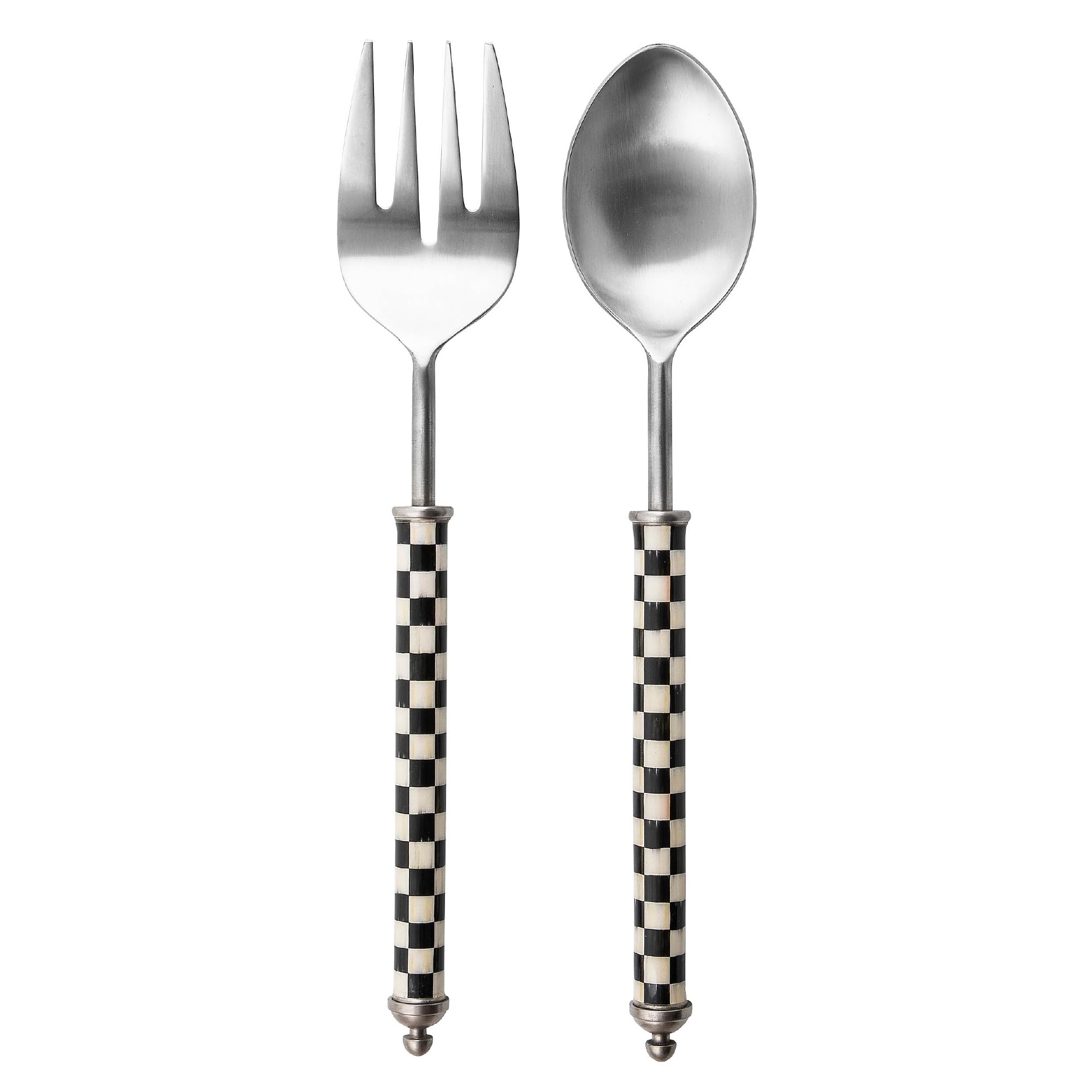 MACKENZIE-CHILDS Supper Club Salad Serving Set - Elegant Black & White Checkered Salad Fork & Spoon - Decorative Kitchen Utensils for Dinner Parties, Buffets & Entertaining
