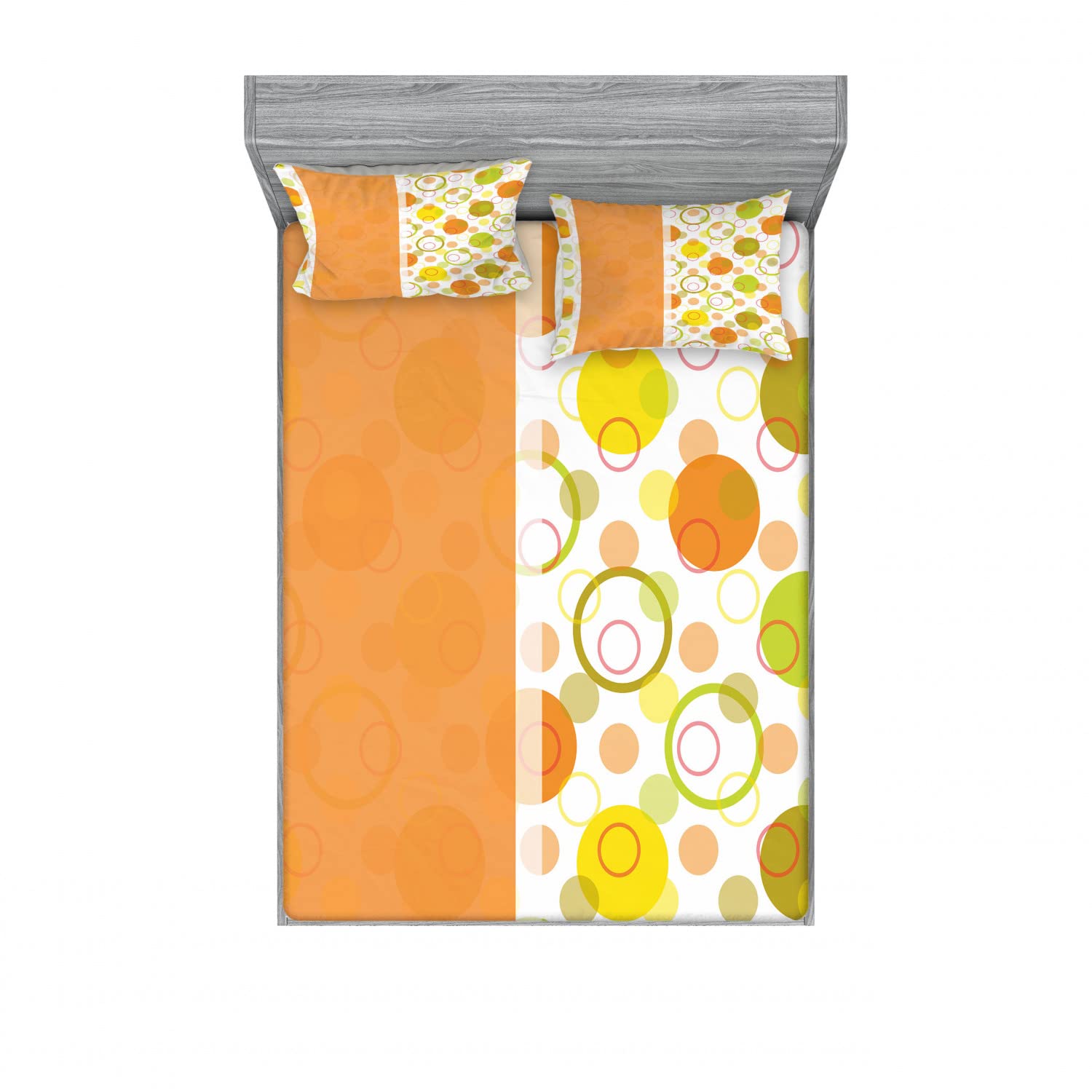 Ambesonne Abstract 2-Piece Full Size Fitted Sheet Set with 4 Pillow Shams - Round Circular Bedding Decor in Lime Green, Orange & Yellow | Modern Geometric Pattern for Guest Room, Dorm or Kids Bedroom