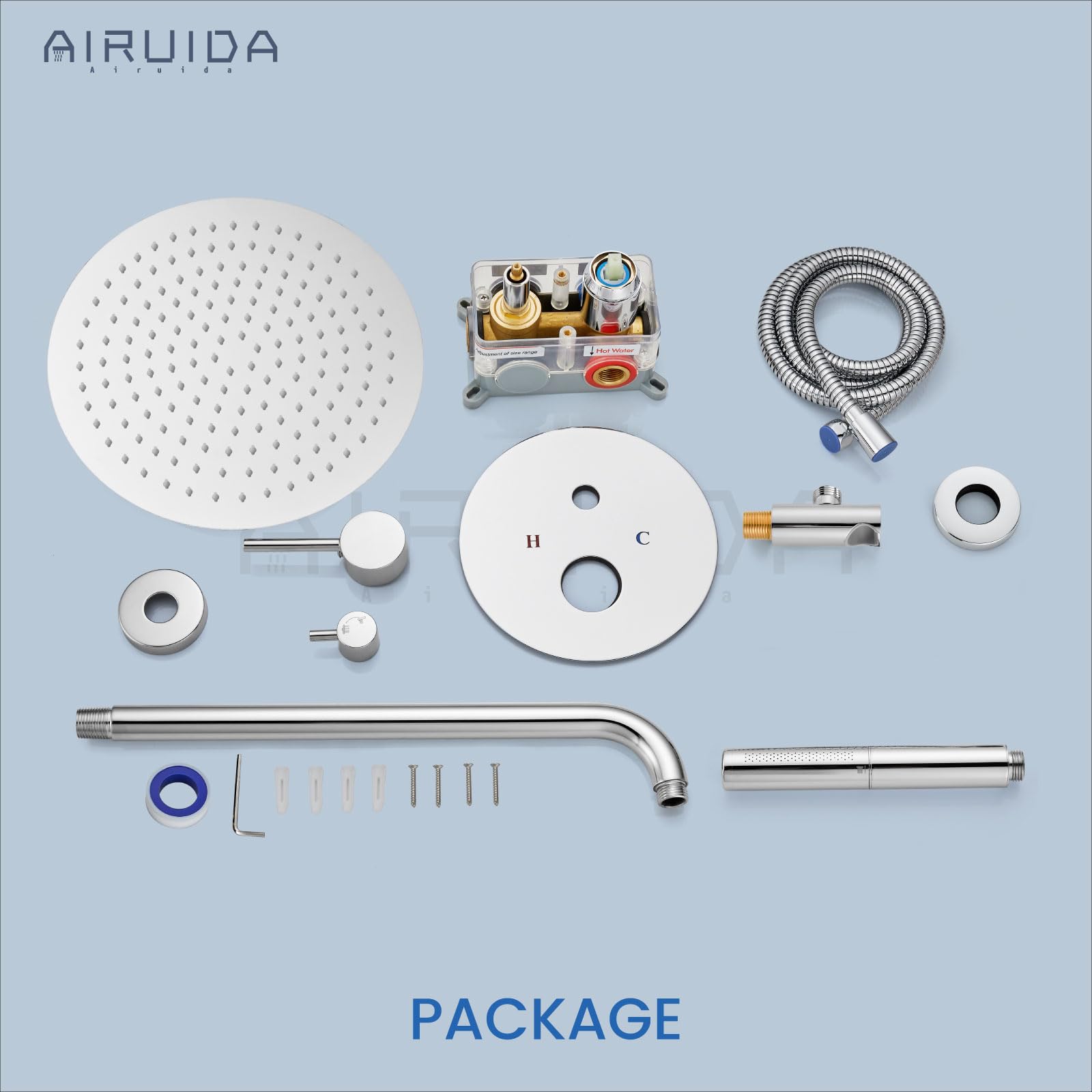 Airuida 2-Function Wall Mounted Shower Faucet Set - High Pressure Brass Handheld Shower with Rough-in Valve & 12 Inch Rainfall Round Shower Head in Chrome Polish for Bathroom | Perfect for Modern Home Spa Experience and Water-Saving Shower Solutions