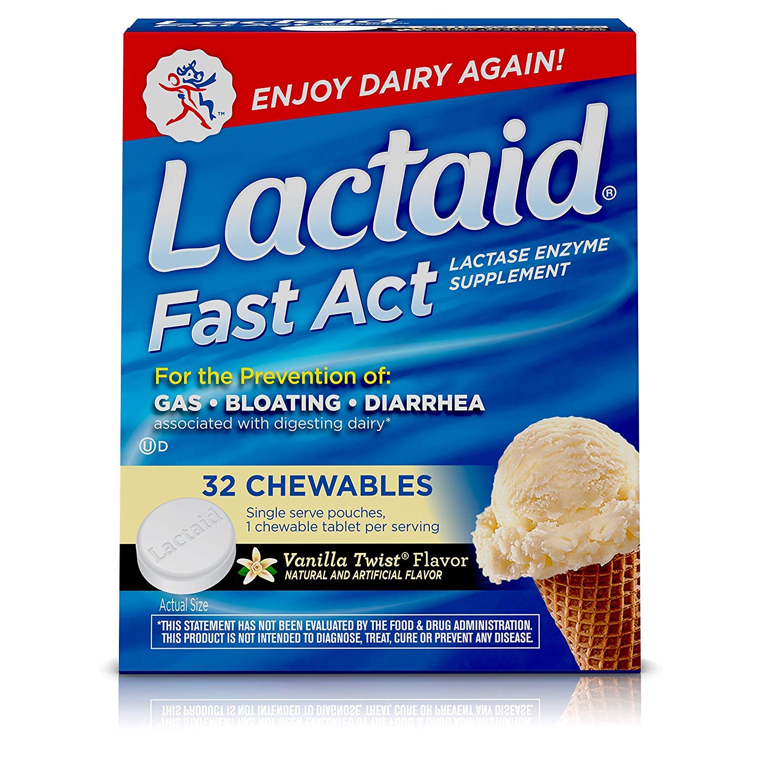 LACTAID Fast Act Lactose Intolerance Relief Chewable Tablets - Vanilla Flavor, 32 Count (Pack of 7) | Dairy Digestive Aid for Gas & Bloating | Perfect for Ice Cream, Cheese & Milk Lovers
