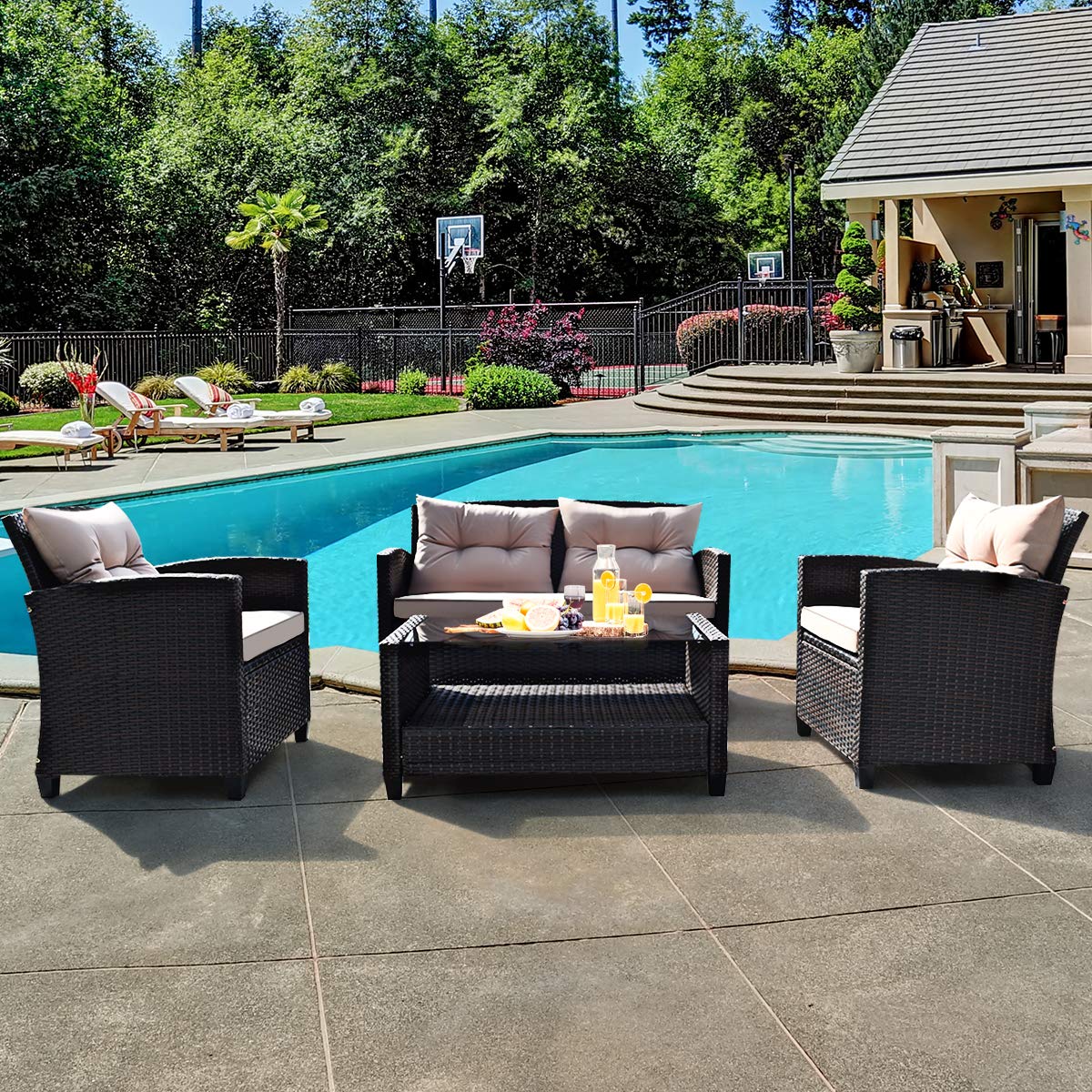 Tangkula 4-Piece Outdoor Patio Furniture Set - Rattan Wicker Chair Set with 1 Loveseat, 2 Single Sofas & Tempered Glass Coffee Table - Perfect for Backyard, Porch, Garden, Poolside & Outdoor Entertaining