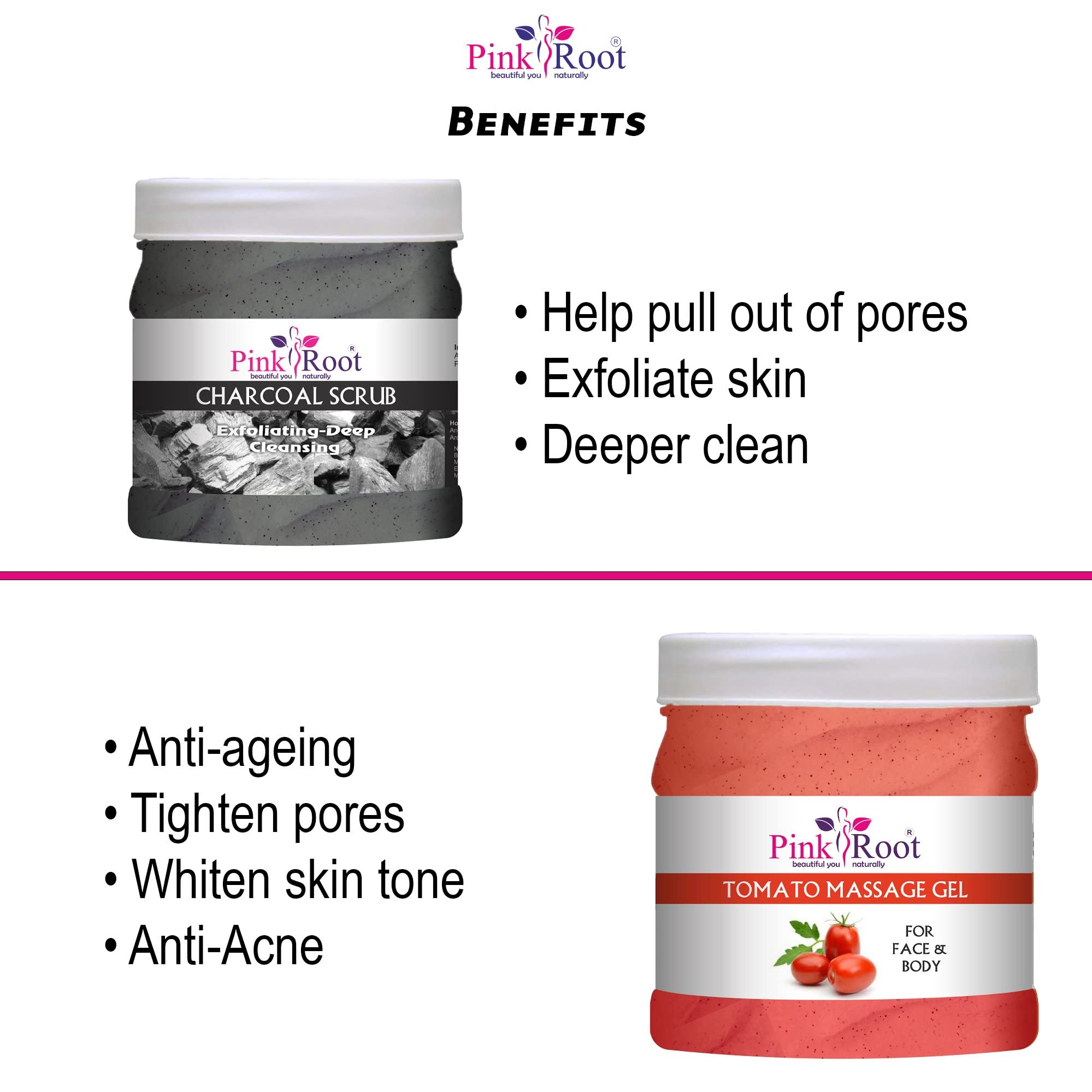 Organic Pink Root Tomato & Charcoal Massage Gel & Scrub Set - 500ml Each for Skin Detox & Exfoliation - Perfect for Spa Day, Relaxation & At-Home Self Care