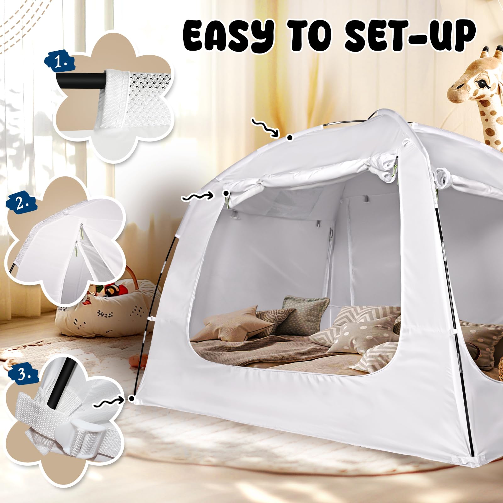 **Queen Size Bed Tent Canopy for Kids & Adults - 100% Breathable, 4 Doors, 80% Blackout - Indoor Portable Privacy Sleeping Tent with String Lights - Perfect for Camping, Bedroom Privacy & Cozy Sleepovers**