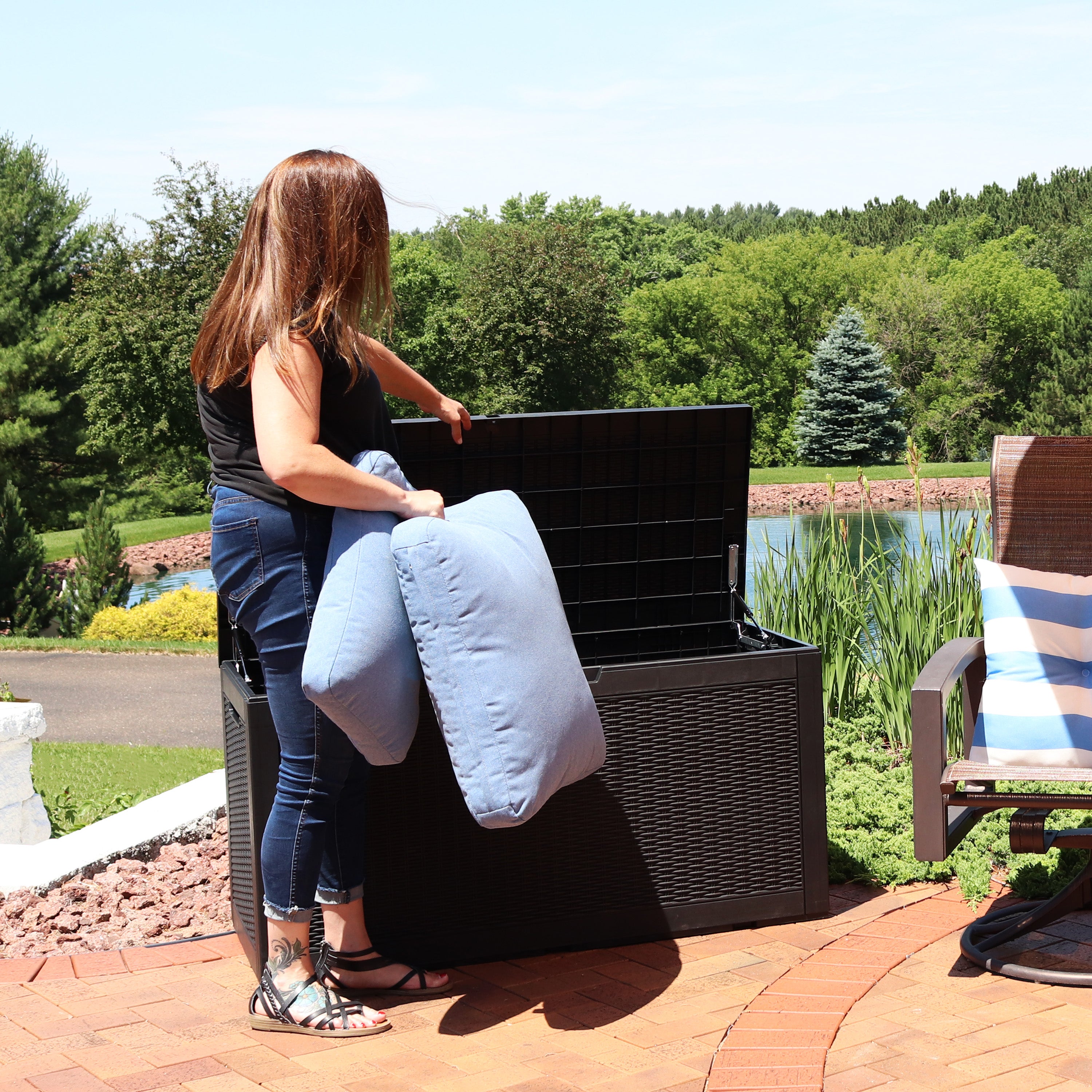 Lockable 100 Gallon Outdoor Deck Storage Box - Weatherproof Faux Rattan Design for Patio, Garden & Poolside Organization | Sunnydaze
