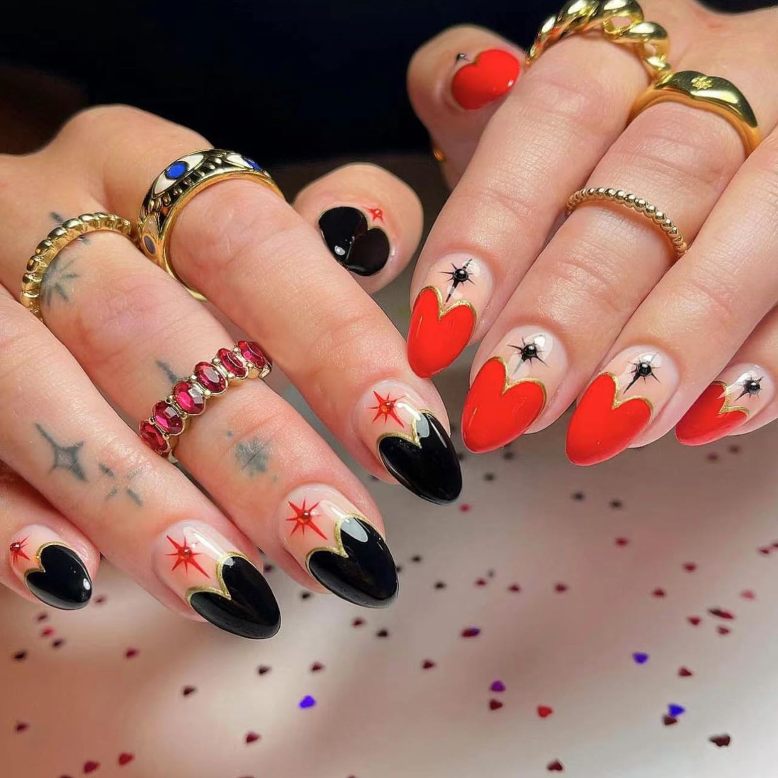 Red & Black Heart French Tip Press On Nails - Short Almond Fake Nails with Punk Design, Glossy Nude False Nails with Pearl Star Manicure Art - Easy Glue On Nails for Women & Girls - Perfect for Parties, Date Nights & Y2K Fashion Looks