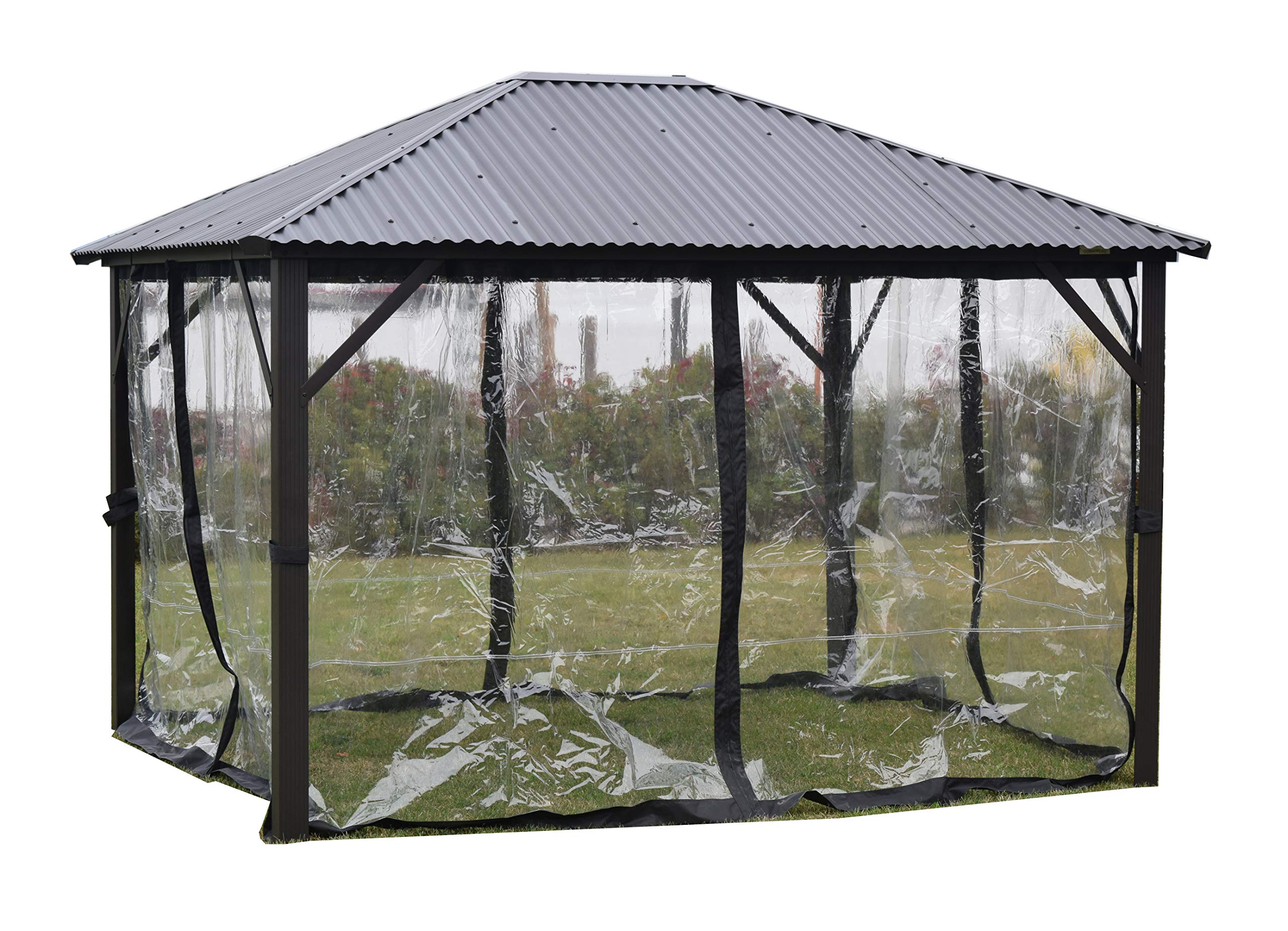 F. Corriveau International - 10' x 12' Black Clear Gazebo Curtains with Mica Panels for Outdoor Patio, Deck, and Garden Protection