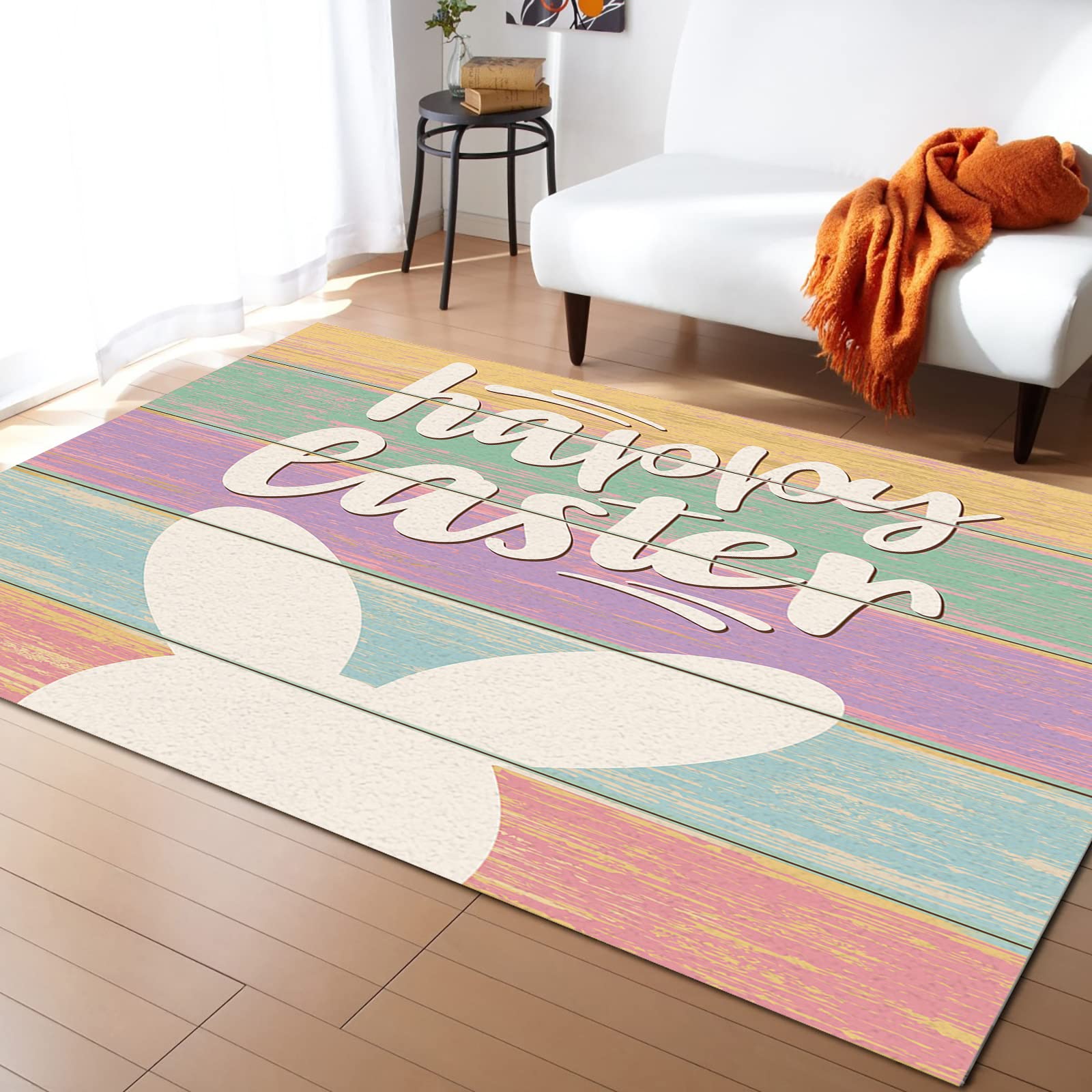 Happy Easter 5'x7' Non-Slip Washable Kitchen Rug - Colorful Bunny & Wood Stripes Design, Absorbent Baby-Friendly Carpet for Living Room, Bathroom, Bedroom | Perfect for Spring Decor & Hallway Runner