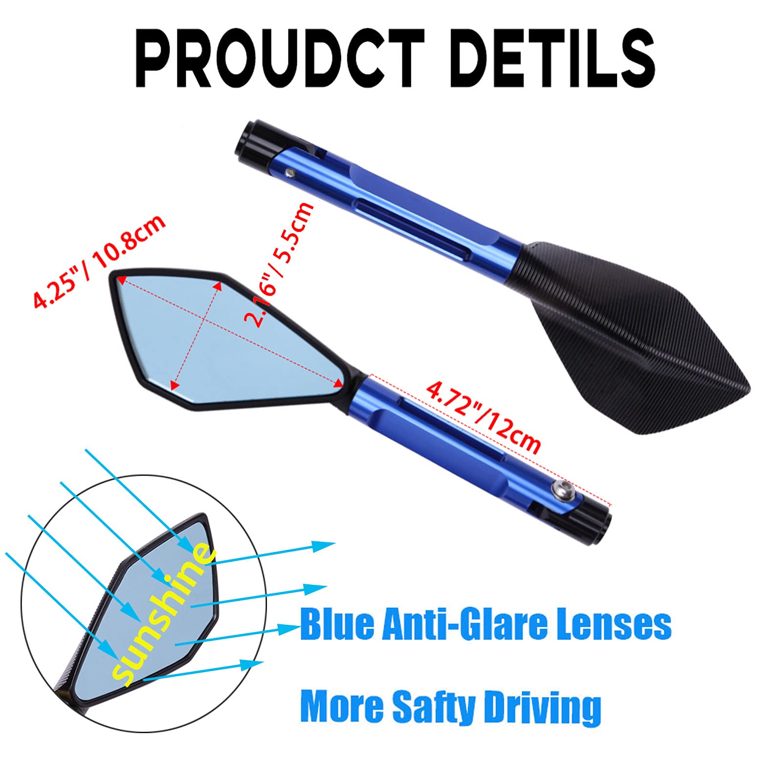 8mm & 10mm Universal Motorcycle Rearview Mirrors - Durable Side View Mirrors for Dirt Bike, ATV, Quad, Street Bike, Snowmobile, Jet Ski & Scooter (Blue) - Perfect for Adventure Riding, Off-Roading & Urban Commuting