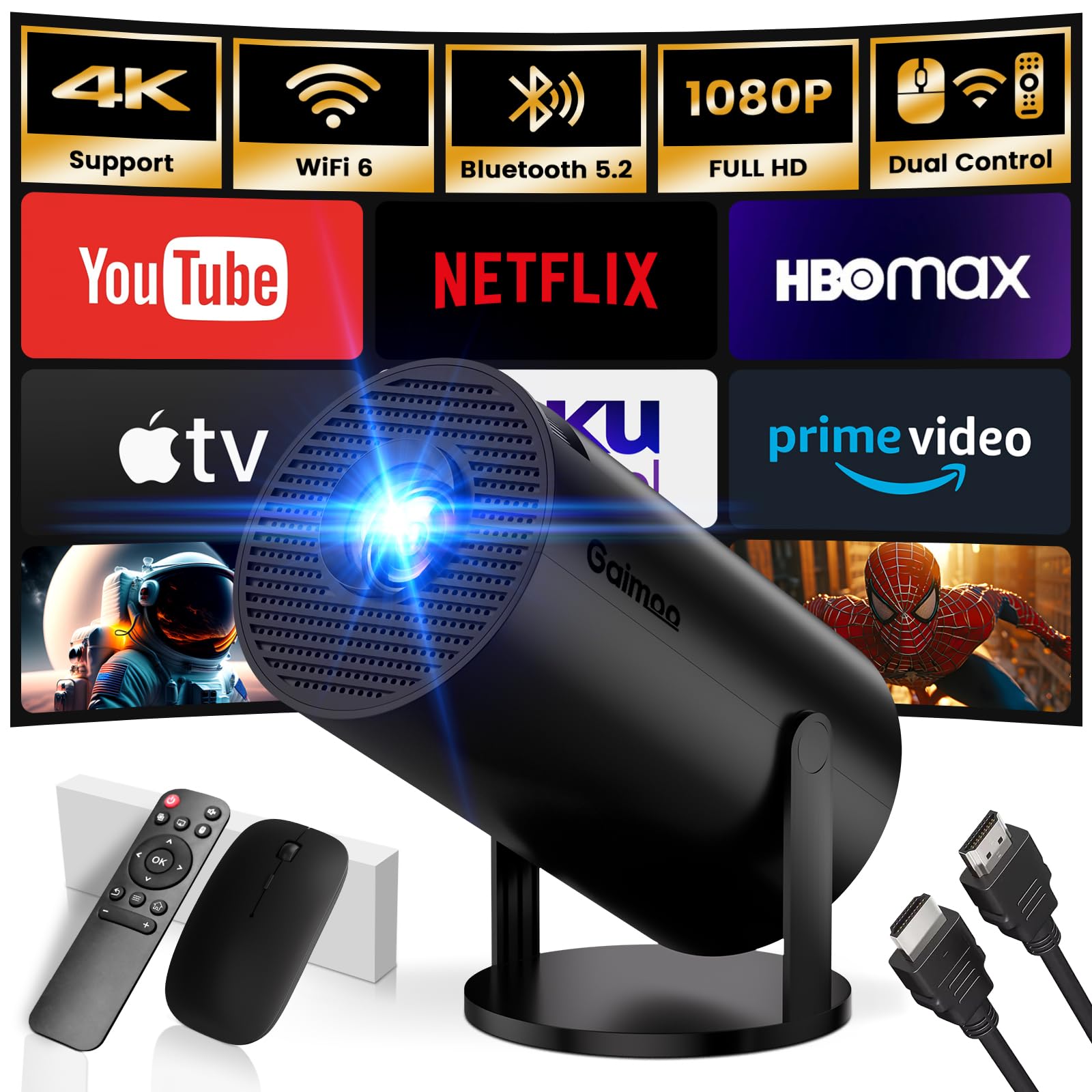 4K Mini Projector with WiFi & Bluetooth - 1080P FHD Portable Movie Projector for Home Theater, HDMI/USB/PS5/Laptop Compatible - Built-in Apps, 180° Adjustable Keystone, Includes HDMI Cable & Mouse (Black) - Perfect for Movie Nights, Gaming & Office Presentations