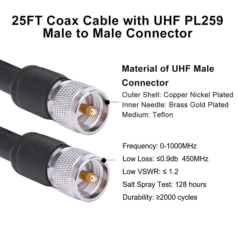25ft PL259 UHF Male to Male Coaxial Cable - Low Loss KMR400 CB Coax Cable for HAM Radio, VHF Radio, SWR Meter & Antenna Analyzer - Perfect for Radio Communication, Signal Testing & Outdoor Antenna Setup