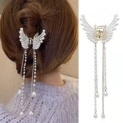 Elegant Thick Fancy Half Bun Hair Clips with Butterfly Pearl Tassel - Gold Plated Women's Hair Accessories for Parties, Weddings & Special Occasions