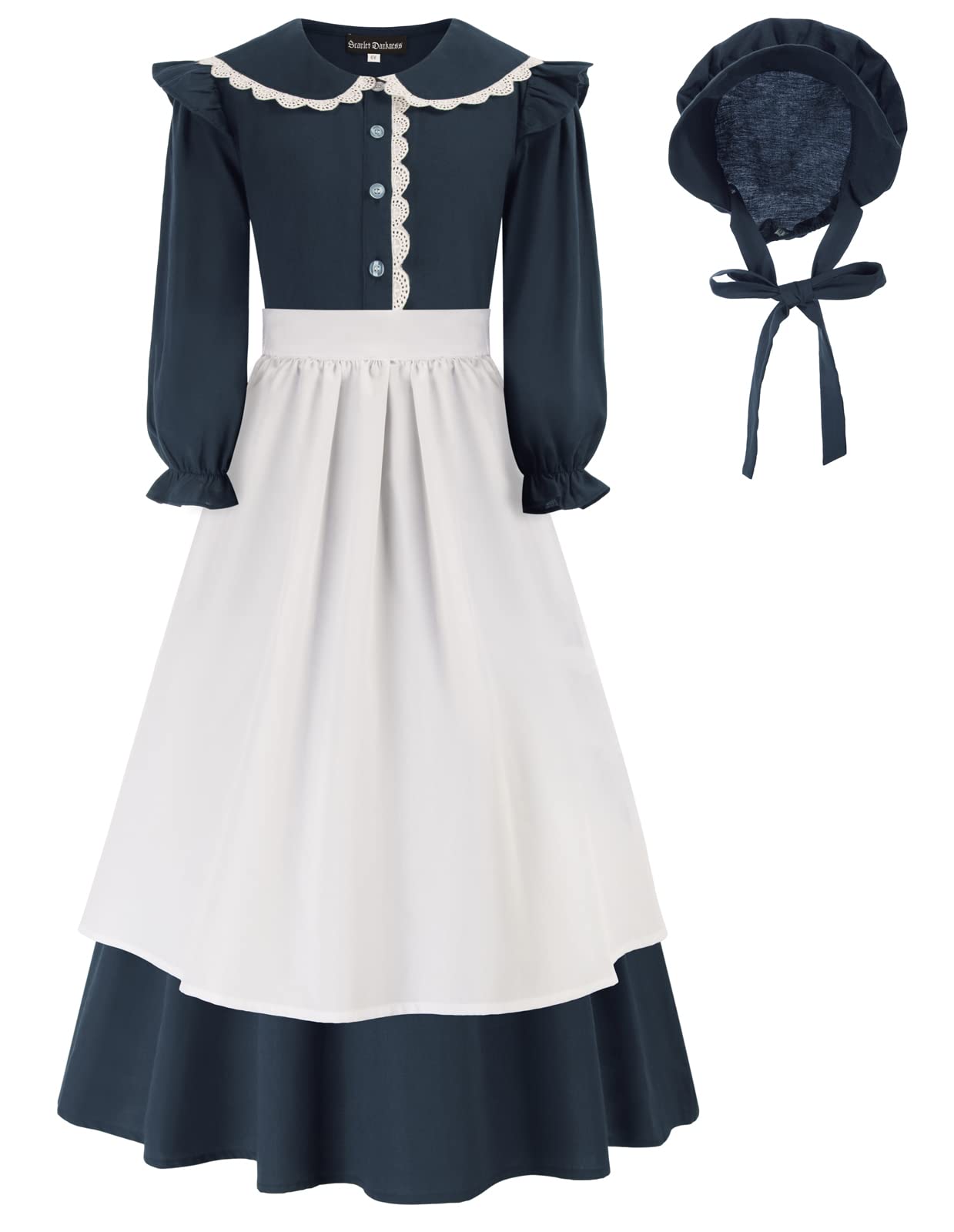 Vintage Colonial Prairie Dress for Girls - Pioneer Pilgrim Costume Inspired by Laura Ingalls Wilder, Navy Blue, Size 6Y - Perfect for Historical Reenactments, School Plays & Halloween Costumes