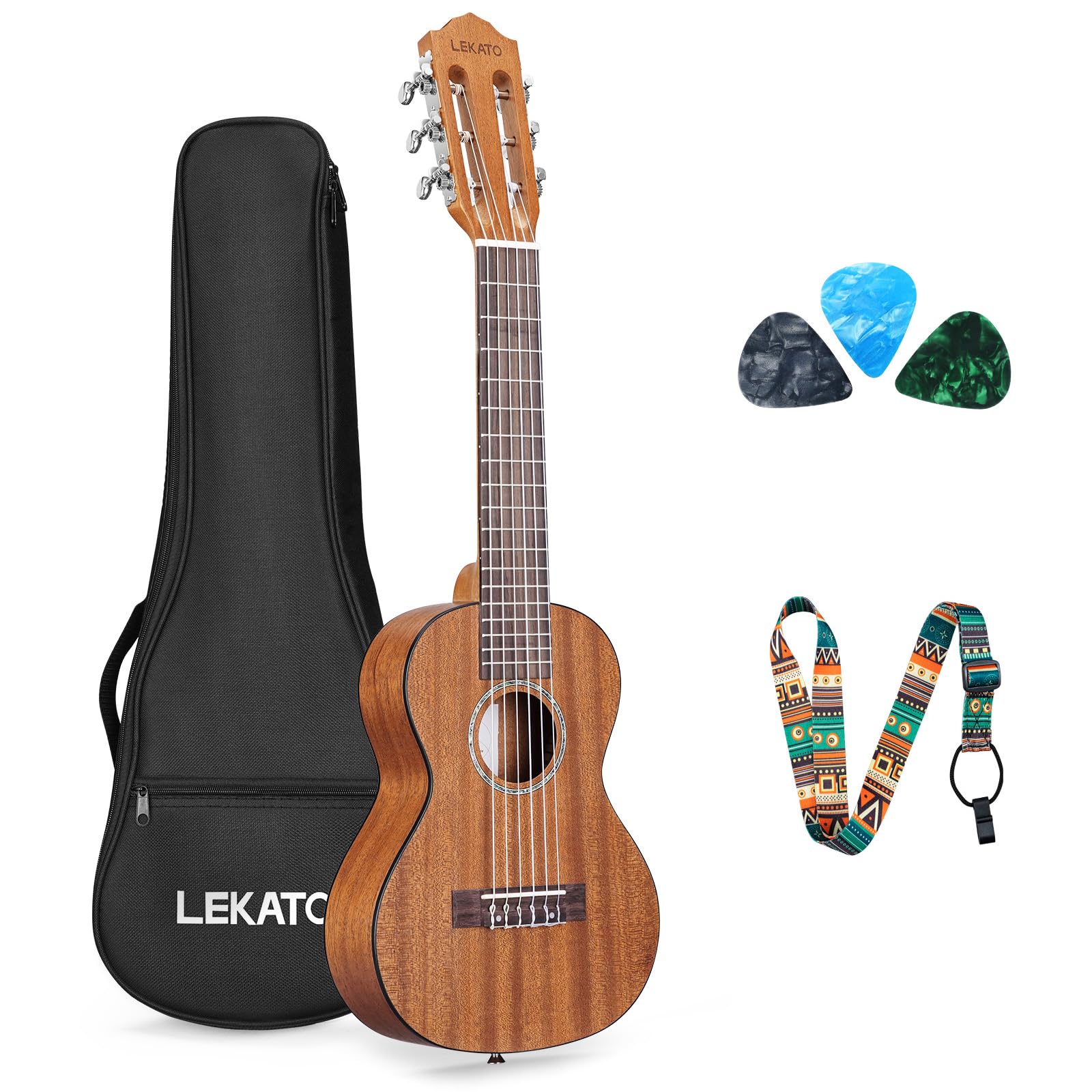 LEKATO GT-800 Mahogany Guitalele 6-String 28-Inch Beginner Guitarlele | 1/4 Size Classical Guitar | Small Hawaiian Travel Guilele with Gig Bag, Strap & Picks | Perfect for Travel, Camping & Beginners Learning Ukulele