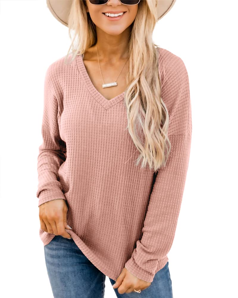 Imily Bela Women's Casual V-Neck Waffle Knit Long Sleeve Stretchy Pullover Tunic Top - Comfortable Loungewear for Work, Travel & Everyday Wear