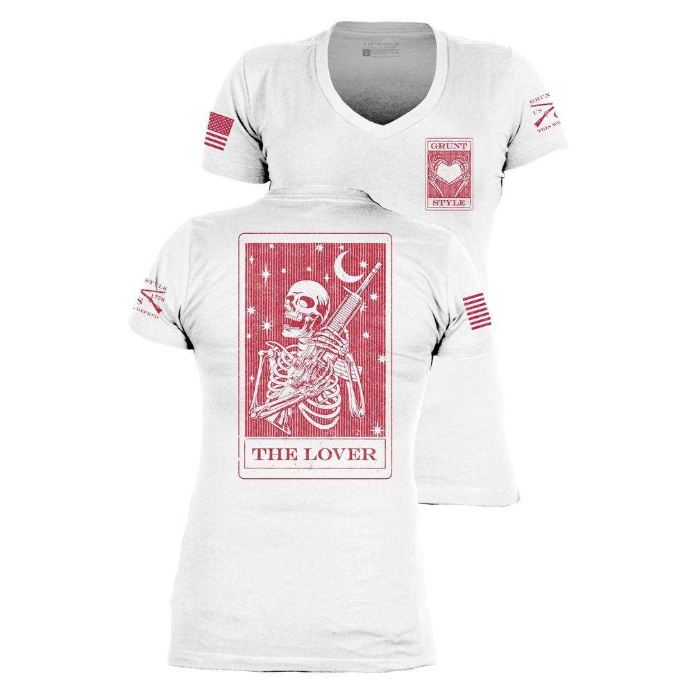 Women's Lover Tarot V-Neck T-Shirt - White Cotton Casual Top for Tarot Reading & Spiritual Gatherings