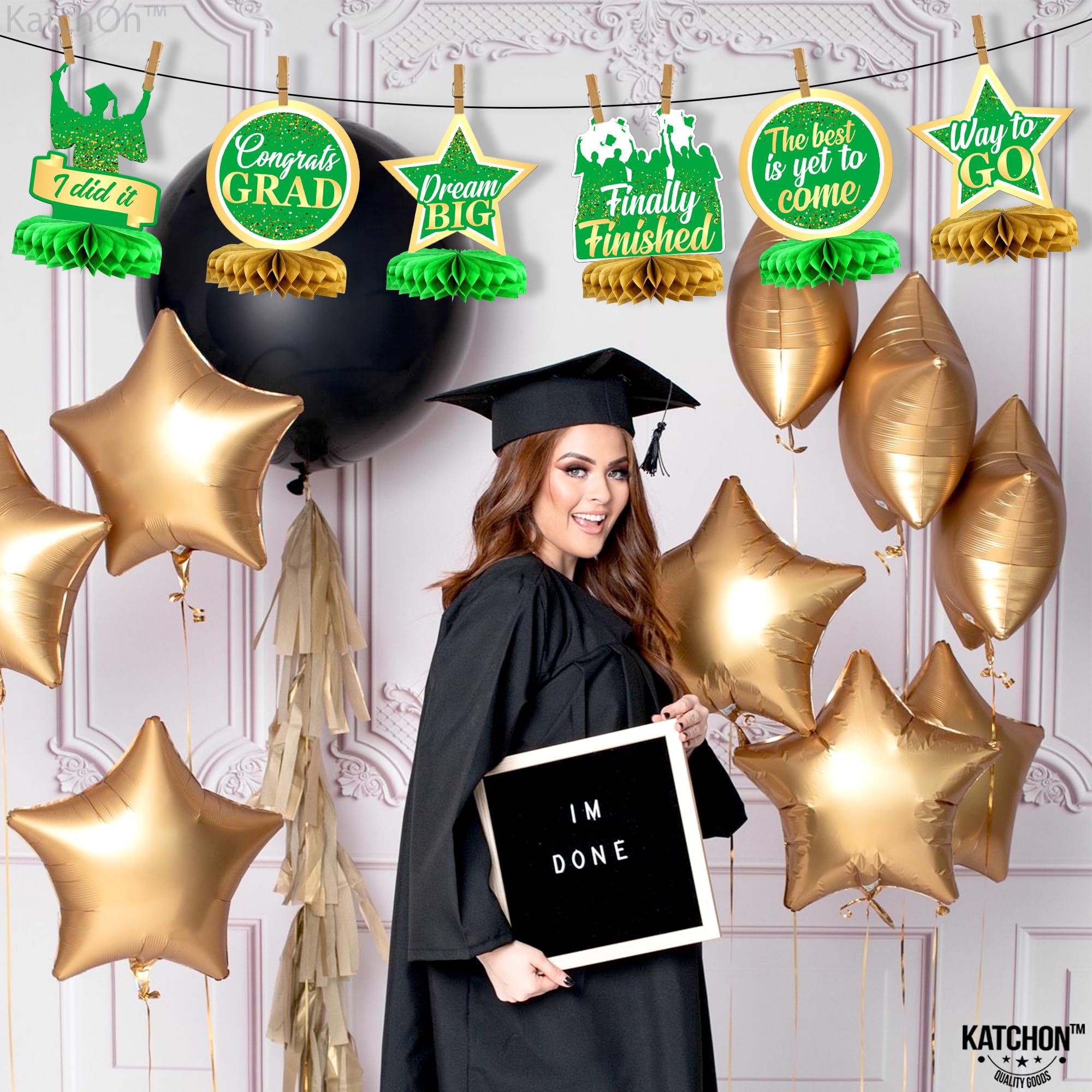 KatchOn Light Green & Gold Graduation Centerpieces for Tables 2025 - Pack of 9 Honeycomb Decorations | Congrats Grad Party Supplies | Perfect for Graduation Ceremonies, Banquets & Photo Backdrops